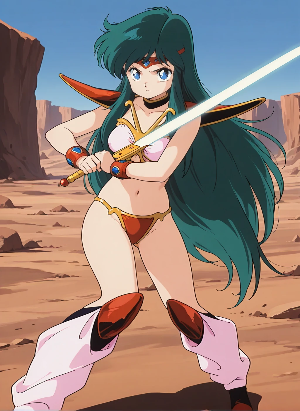 High quality,Ultra detailed,best quality,insanely detailed,beautiful,perfect lighting,masterpiece,absurdres,very aesthetic,sensitive BREAK
looking_at_viewer,standing,posing,<lora:ayanokouji_rem _V1_IL:1>,(ayanokouji rem, dream hunter rem, very long hair, green hair, blue eyes, bangs, retro artstyle, 1980s (style)),(bikini armor,armor,bracelet,choker,circlet,energy sword,sword,holding sword,jewelry,navel,pauldrons,shoulder armor,knee boots,leg warmers),
1girl,solo,outdoors,wasteland,sword guard stance,serious,
