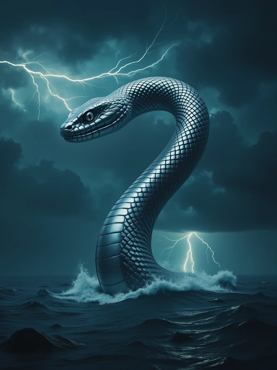 This is a surrealistic art photography photo of a huge metal snake that floats above an isolated island amidst a sea of violent lightning and storms, the whole atmosphere is eerie and highlights the feeling of horror.
coh24, metallic snake, metal snake.