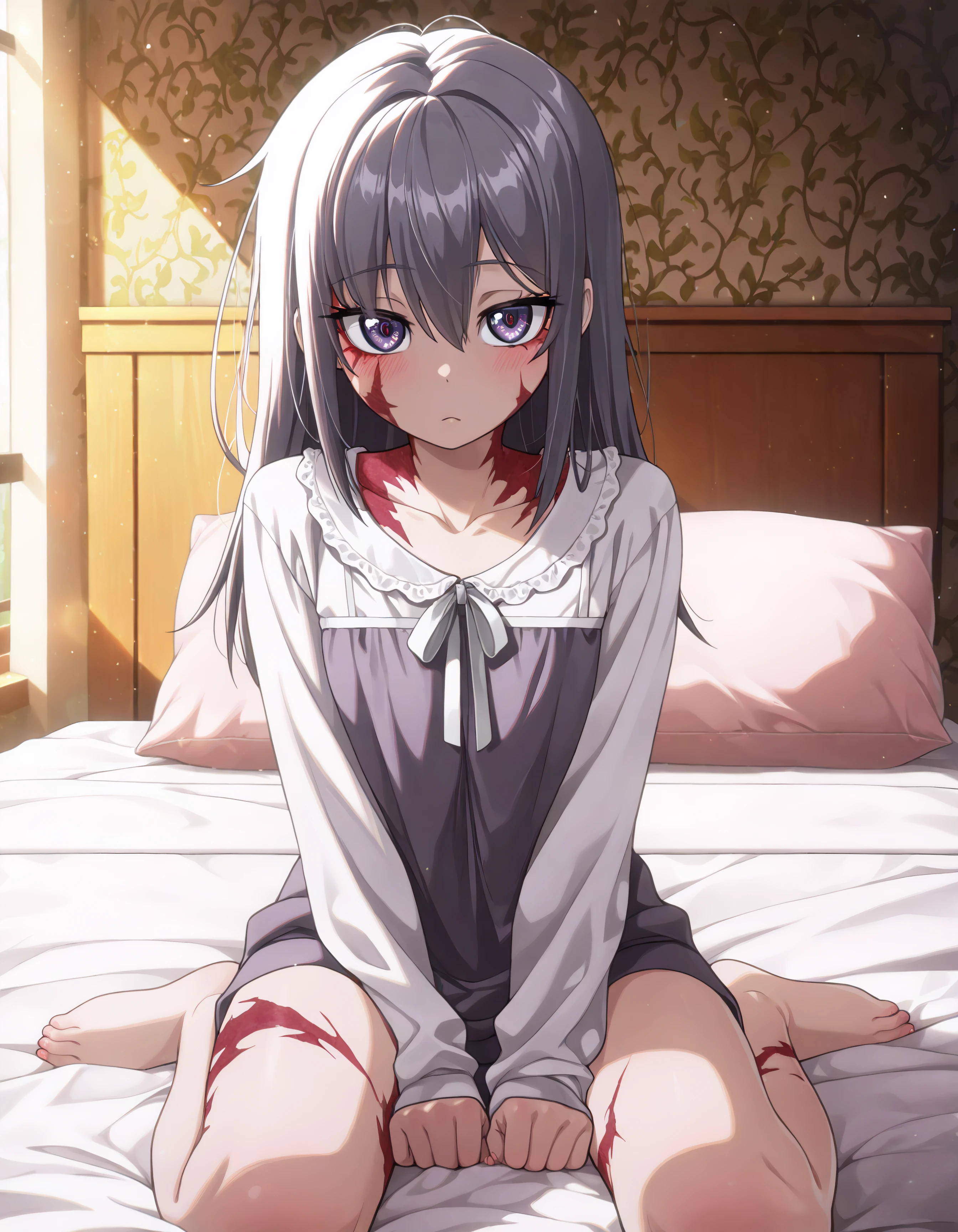 (((masterpiece))), (((best quality))), ultra-detaile,  ,[[blush]] ,sitting, (((sexy))) , (((thigh))) dress_shirt, window,
on bed,   ((white_shirt)), (((bottomless))), collarbone,[[wet]],
bangs, medium breast,  long hair, pony tail, high pony tail, hair ornament, ,red eyes,
<lora:mito21:0.7>