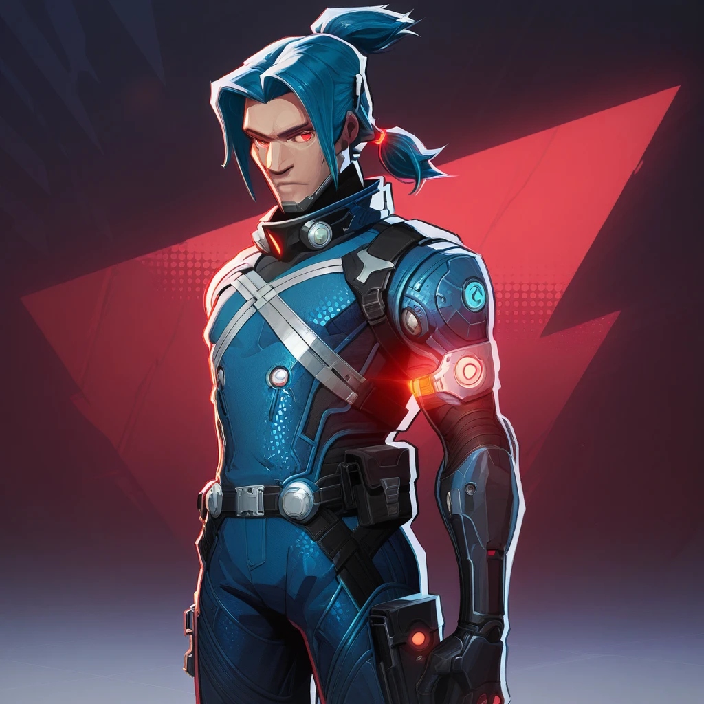 <lora:rivals:1>, mrvlrvls, solo,1boy, blue hair, cowboy shot, red eyes, ponytail, straight hair,hydra techwear, soldier
