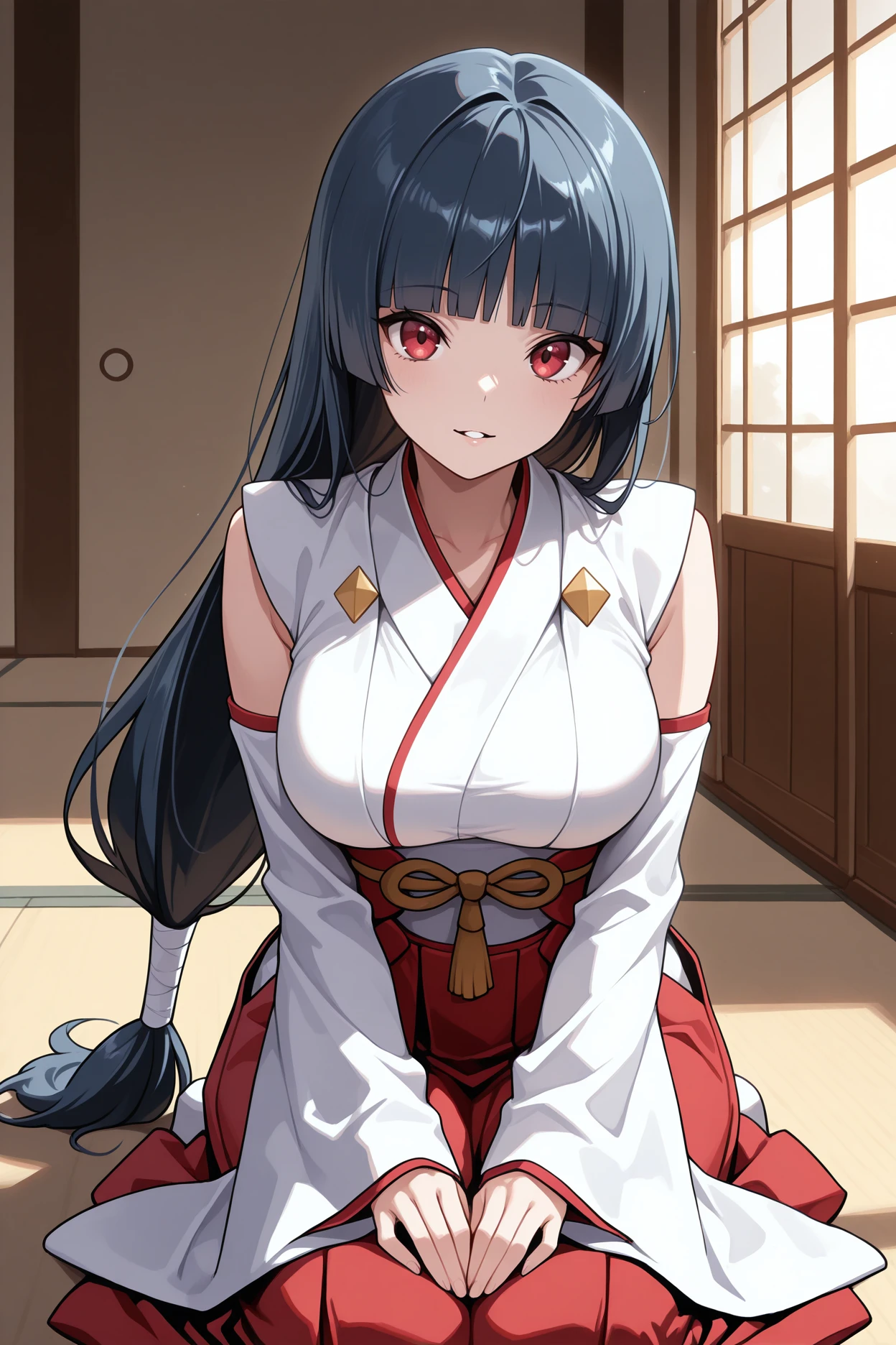 masterpiece, best quality, 1girl, solo, <lora:sabrina-illu-nvwls-v1-000006:1> nyrssab, dark blue hair, low-tied long hair, blunt bangs, red eyes, white kimono, sash, red hakama skirt, detached sleeves, large breasts, seiza, looking at viewer, parted lips, happy, indoors