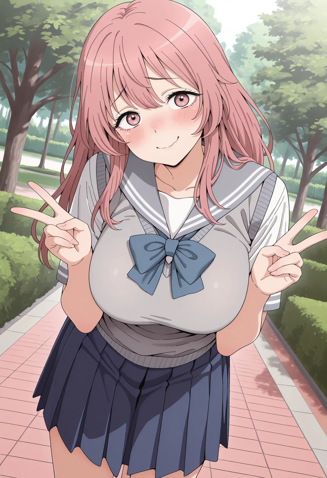 masterpiece, best quality, amazing quality, 1girl, solo,
<lora:Shinju_Inui_My_Dress_up_Darling_IL_V1:1>, KJOshinju, pink hair, pink eyes, long hair, 
serafuku, grey sweater vest, blue pleated skirt, 
double peace, leaning forward, head tilt, nervous smile, blush, dutch angle, 
park, trees,
(Beautiful, large Breasts:1.2),