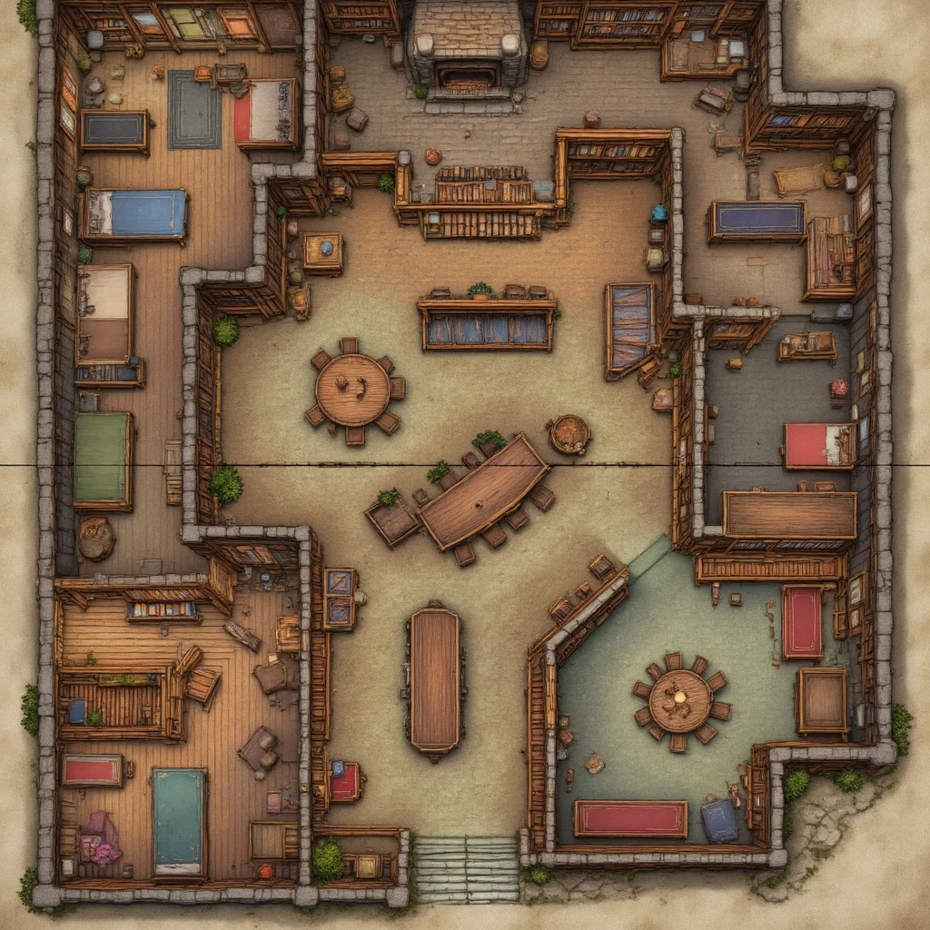 Top-down view of a detailed, multi-room tavern interior, rendered in a style reminiscent of a hand-drawn map for tabletop role-playing games. The tavern features multiple rooms, including sleeping quarters with beds, a common area with couches and chairs, a dining area with tables, and a bar with stools. The floors are a mix of wooden planks and tiled surfaces. The walls are a combination of wooden beams and plastered sections. The furniture includes beds, couches, chairs, tables of varying shapes, barrels, and stools. There are several rugs and potted plants scattered throughout the tavern, adding to its charm. A large fireplace is visible in one corner. The overall color scheme consists of warm browns, beiges, and grays with touches of red, blue, and green. The lighting is soft and somewhat diffused, suggesting interior illumination. The perspective is isometric, emphasizing the layout and details of each room and the various objects within them. The style is detailed with clear, distinct lines, similar to a hand-drawn map intended for a tabletop RPG.