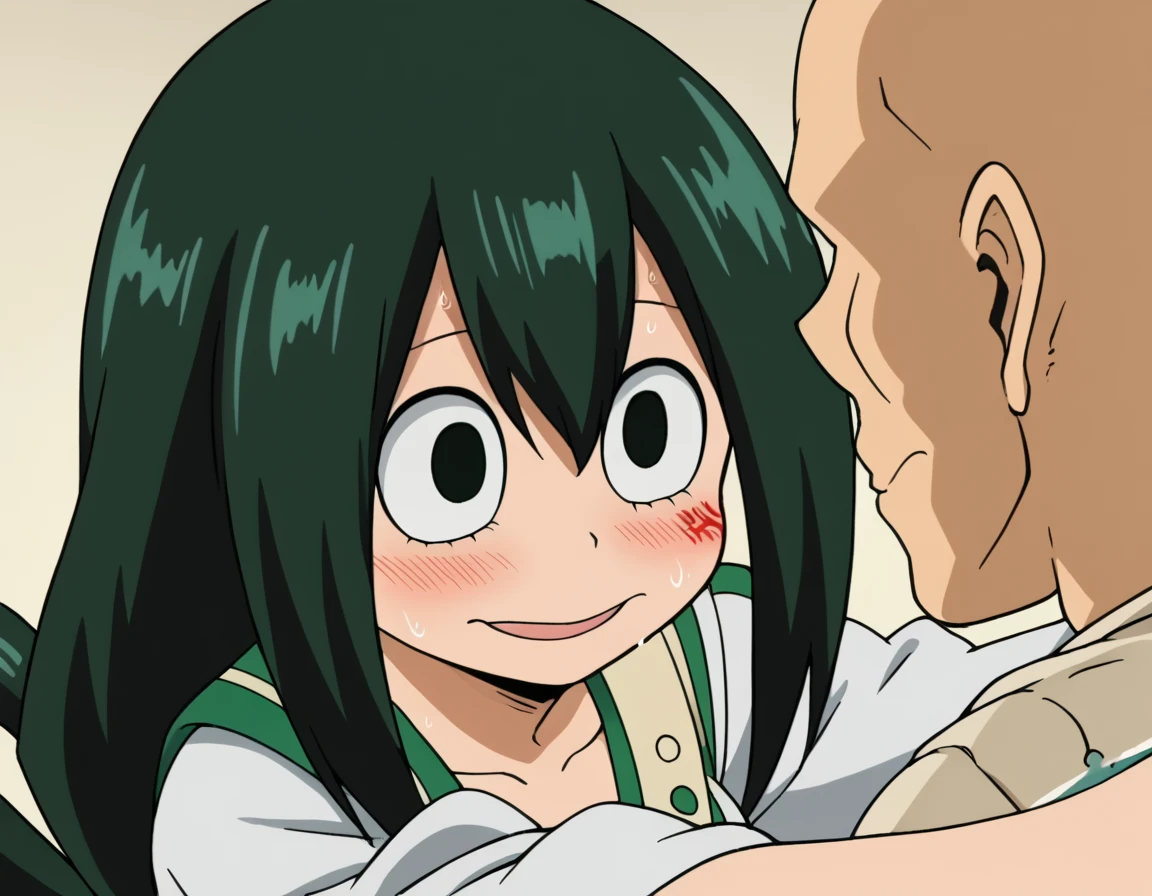 score_9, score_8_up, score_7_up, source_anime, <lora:tsuyu-asui-s3-ponyxl-lora-nochekaiser:1>, tsuyu asui, long hair, black hair, black eyes, low-tied long hair, hair rings, medium breasts, anime screencap, <lora:hey-i-could-have-died-ponyxl-lora-nochekaiser:1>, hey i could have died, blush, looking at another, smile, sweat, anger vein, eye contact, open mouth,, <lora:faceless-ugly-man-ponyxl-lora-nochekaiser:1>, faceless ugly man, faceless, ugly man, fat, faceless male, fat, bald, mature male,,