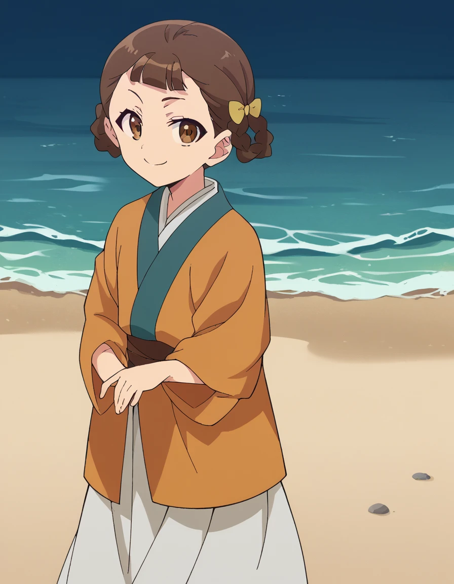 score_9, score_8_up, score_7_up, source_anime, <lora:kusuriya-xiaolan-s1-ponyxl-lora-nochekaiser:1>, xiaolan, bangs, brown hair, hair ornament, brown eyes, braid, hair rings,, japanese clothes, robe, orange robe, long sleeves, skirt, white skirt,, shore, rocks, sand, waves, water, , <lora:seductive-smile-ponyxl-lora-nochekaiser:1>, seductive smile, come hither, naughty face,, looking at viewer, solo,, cowboy shot, solo