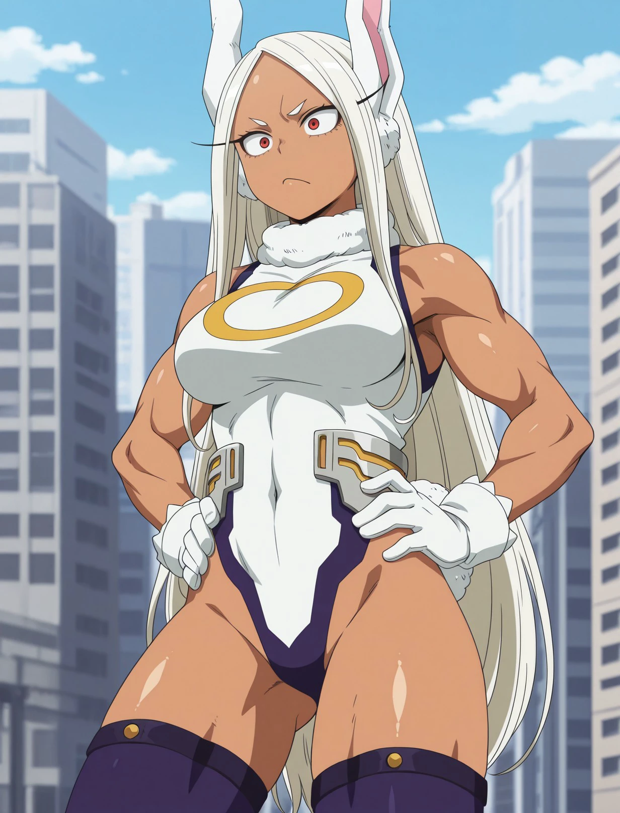 [Miruko; Boku no hiro academia], [Uploaded to rule34.xxx; (shosho_oekaki), (shoganight), (kingmaster)], ((masterpiece)), ((HD)), ((solo portrait)), ((rear view)), ((anime)), ((detailed soft shading)), ((beautiful render art)), ((cinematic lighting)), {Miruko; (dark skin), maroon eyes, long white hair, long white bunny ears, small fluffy white bunny tail, large boobs), (gorgeous wide hips), (muscular legs), (thick thighs), (muscular calves), (defined arm muscles), (smug grin), (white teeth)}, {hero costume), (fluffy collar), (purple thigh-highs), white bracers}, {(dynamic pose), (standing), (hand on hip), (on top of skyscraper), (looking back)}, [Background; (starry sky), (full moon), (skyscrapers)]