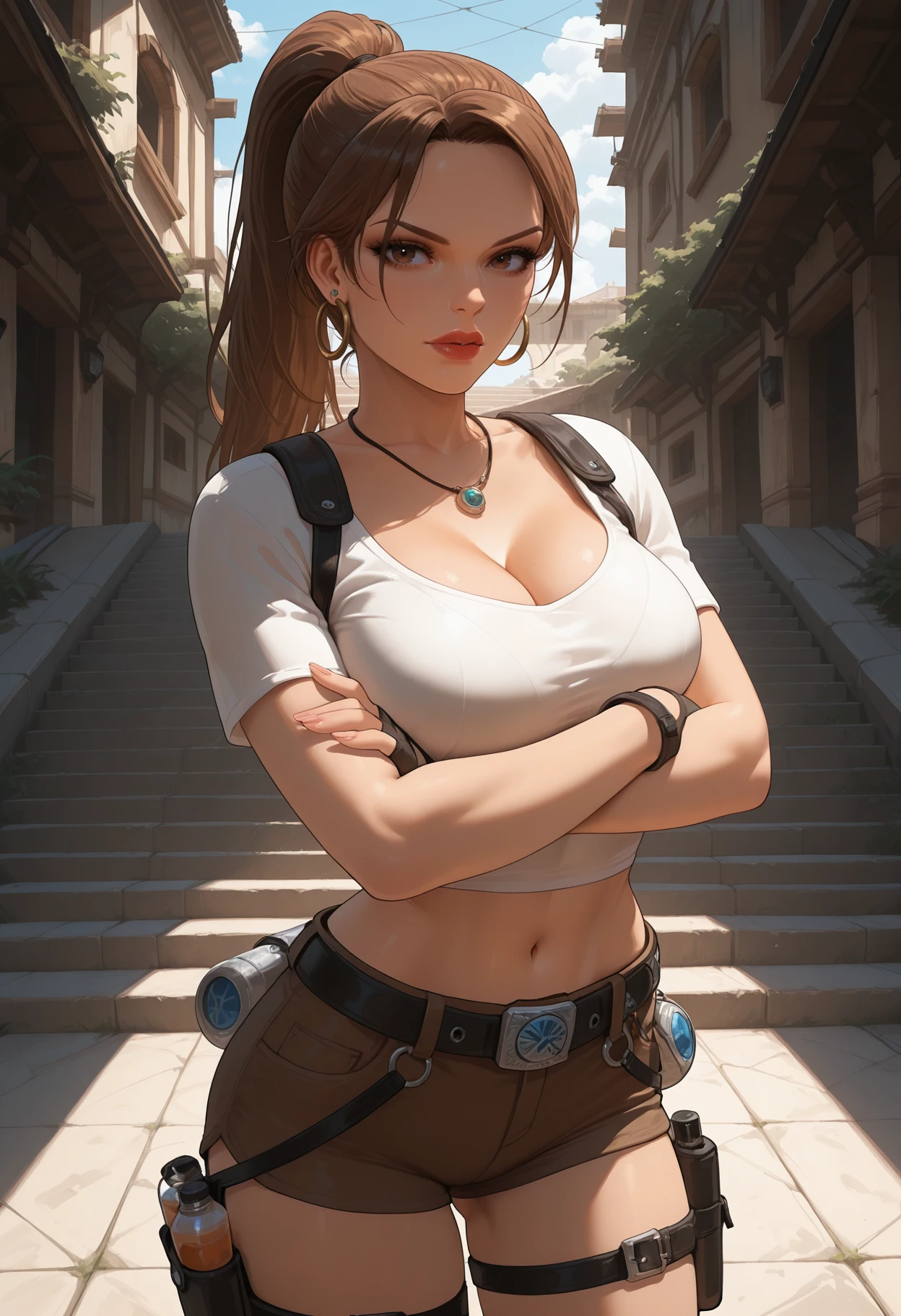 score_9, score_8_up, score_7_up, score_6_up, score_5_up, masterpiece, best quality, high detail, volumetric lighting, dark, shadow, <lora:NM_lara_trl_ill:1>, BREAK NM_lara_trl, 1girl, breasts, shorts, cleavage, solo, brown hair, jewelry, brown eyes, gloves, belt, navel, earrings, fingerless gloves, crossed arms, holster, midriff, short shorts, looking at viewer, crop top, stairs, shirt, black gloves, outdoors, ponytail, hoop earrings, lips, gun, short sleeves, necklace, thigh holster, lips, big lips,