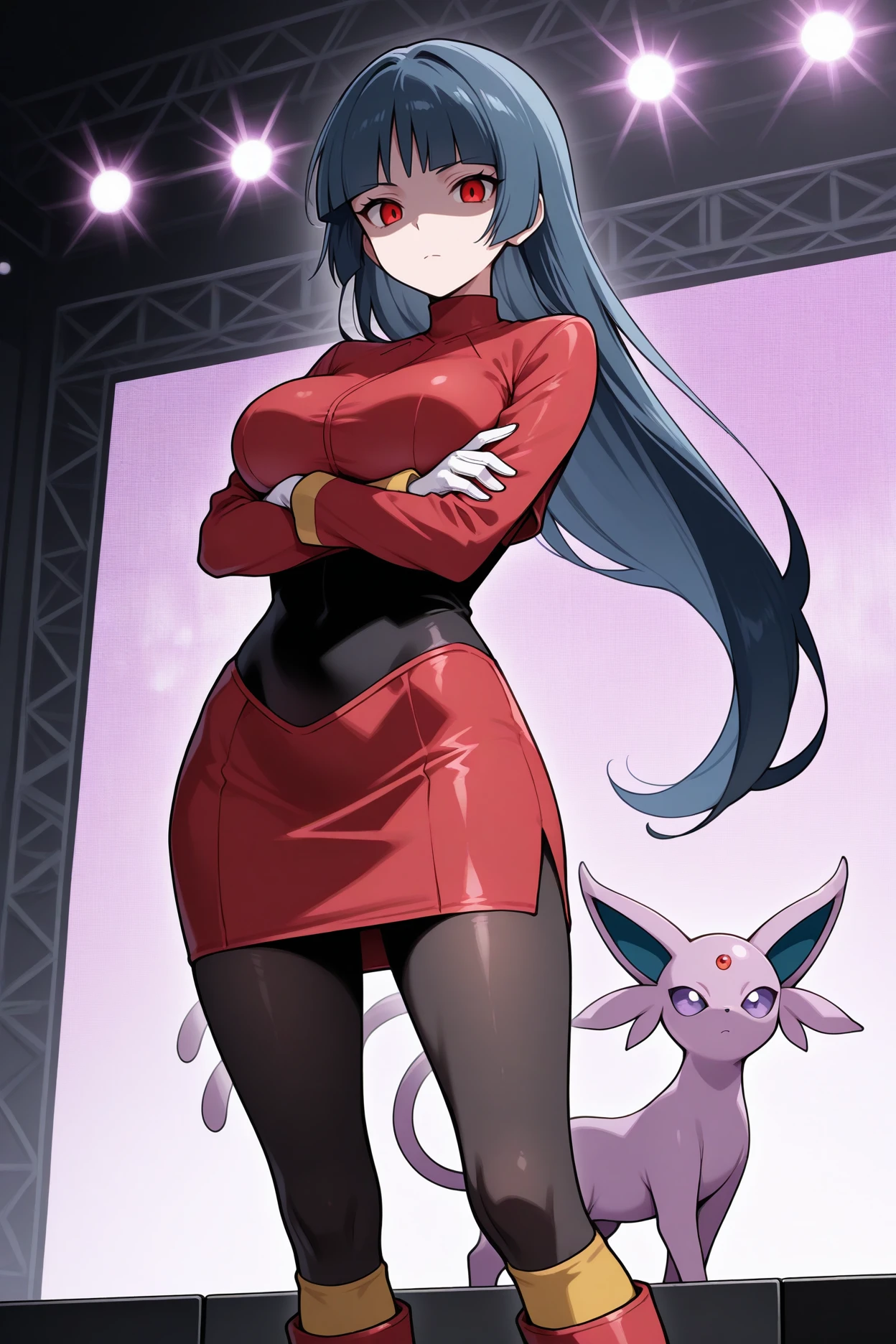 masterpiece, best quality, 1girl, <lora:sabrina-illu-nvwls-v1-000006:1> frlgsab, dark blue hair, hime cut, blunt bangs, very long hair, red eyes, bodysuit under clothes, black bodysuit, red jacket, cropped jacket, turtleneck, pencil skirt, red skirt, side slit, white gloves, black pantyhose, red boots, yellow socks, large breasts, crossed arms, espeon, indoors, stage, looking at viewer, expressionless, shaded face
