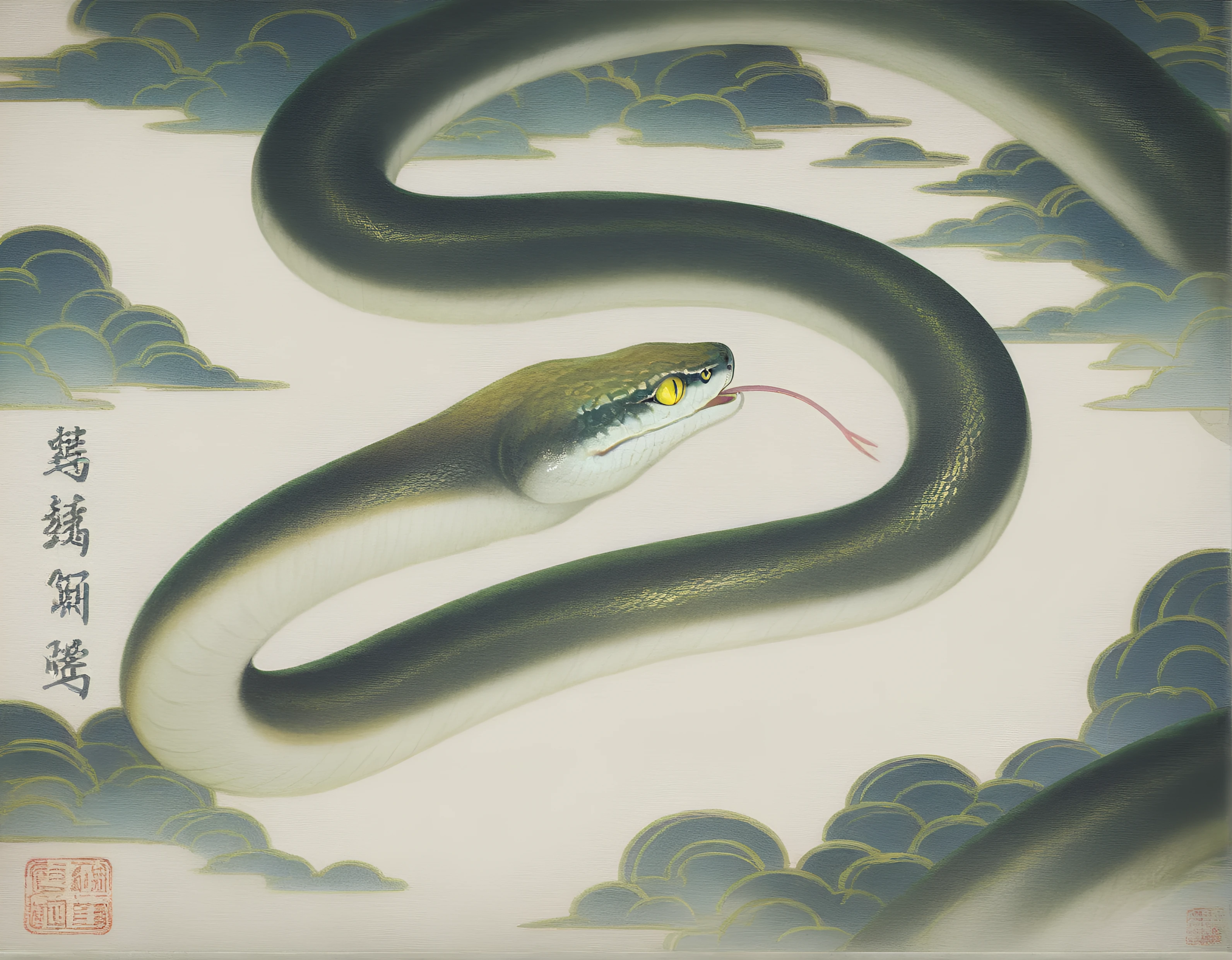 chineseart,bush,masterpiece, best quality, amazing quality,Sharp focus,UHD,High quality,64k,8k,white_background, tongue, tongue_out, animal, chinese_text, snake, scales, painting_\(medium\), oversized_animal, forked_tongue, calligraphy_brush_\(medium\), calligraphy