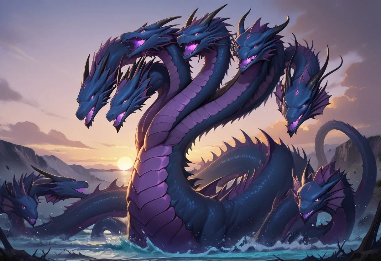 masterpiece, best quality, newest, absurdres, highres, anime, anime style, 6-Headed-Hydra-IL, extra heads, multiple heads, 6 heads, hydra, monster, dragon, no humans,