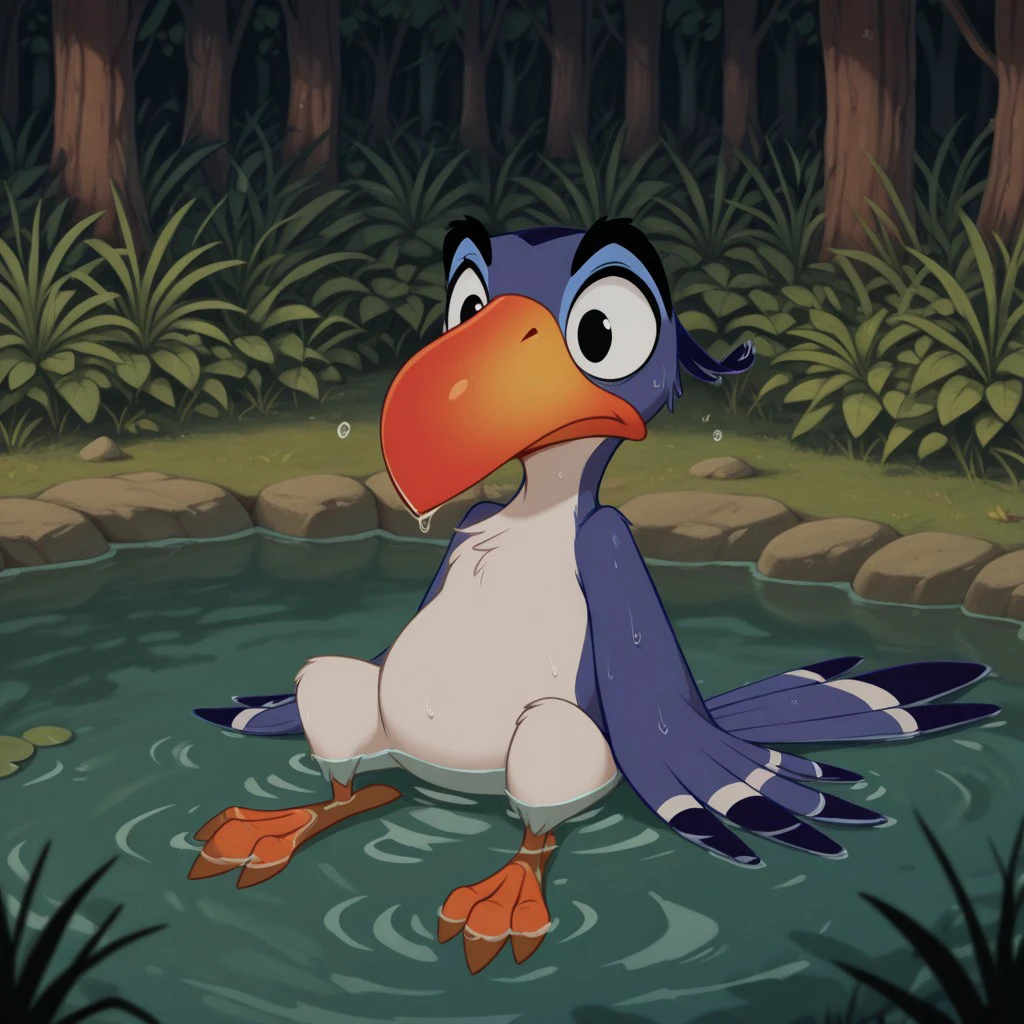 masterpiece, best quality, amazing quality, ZazulkIL, feral, bird, male, blue feathers, beak, in a pond, black eyes, sitting, wet, water