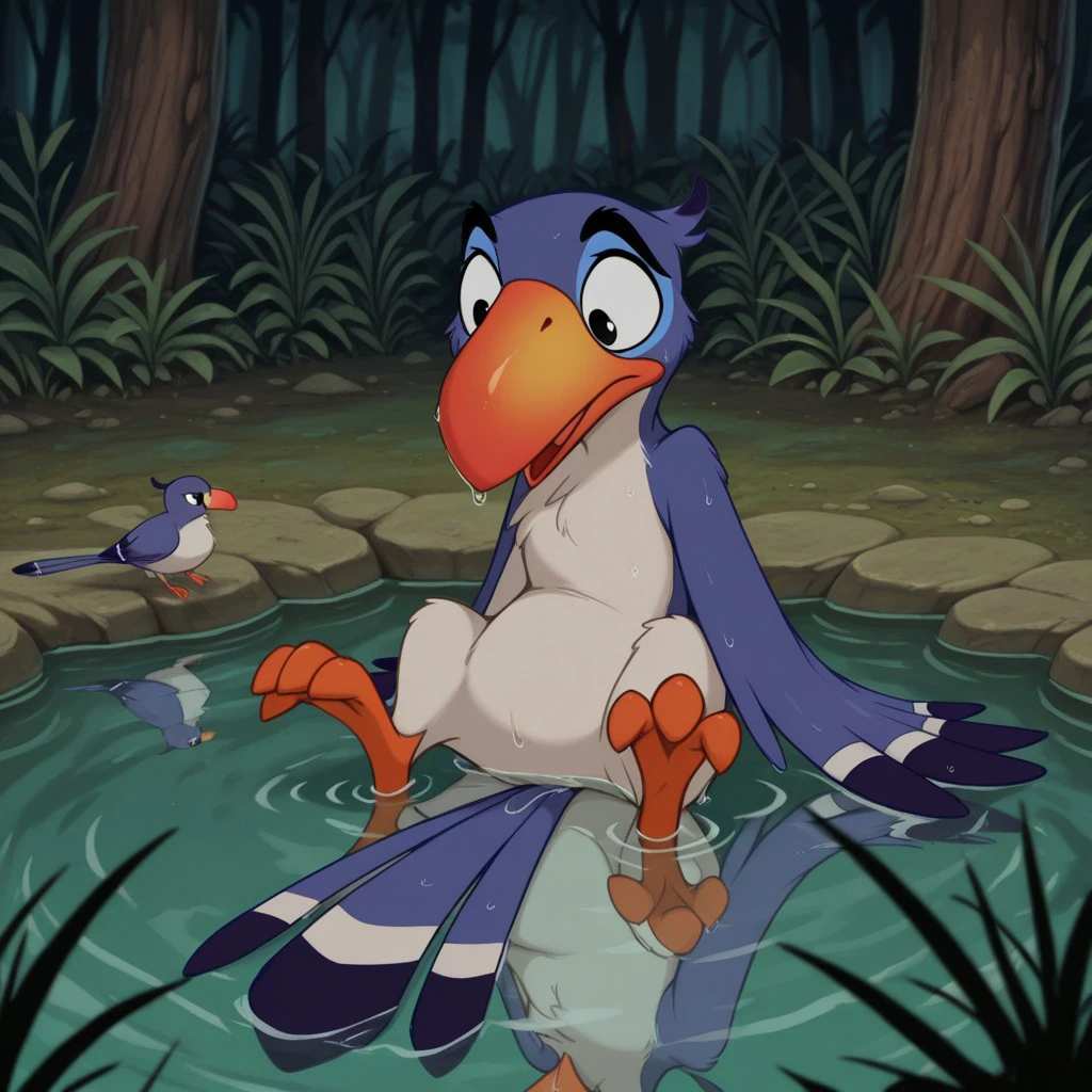 masterpiece, best quality, amazing quality, ZazulkIL, feral, bird, male, blue feathers, beak, in a pond, black eyes, sitting, wet, water