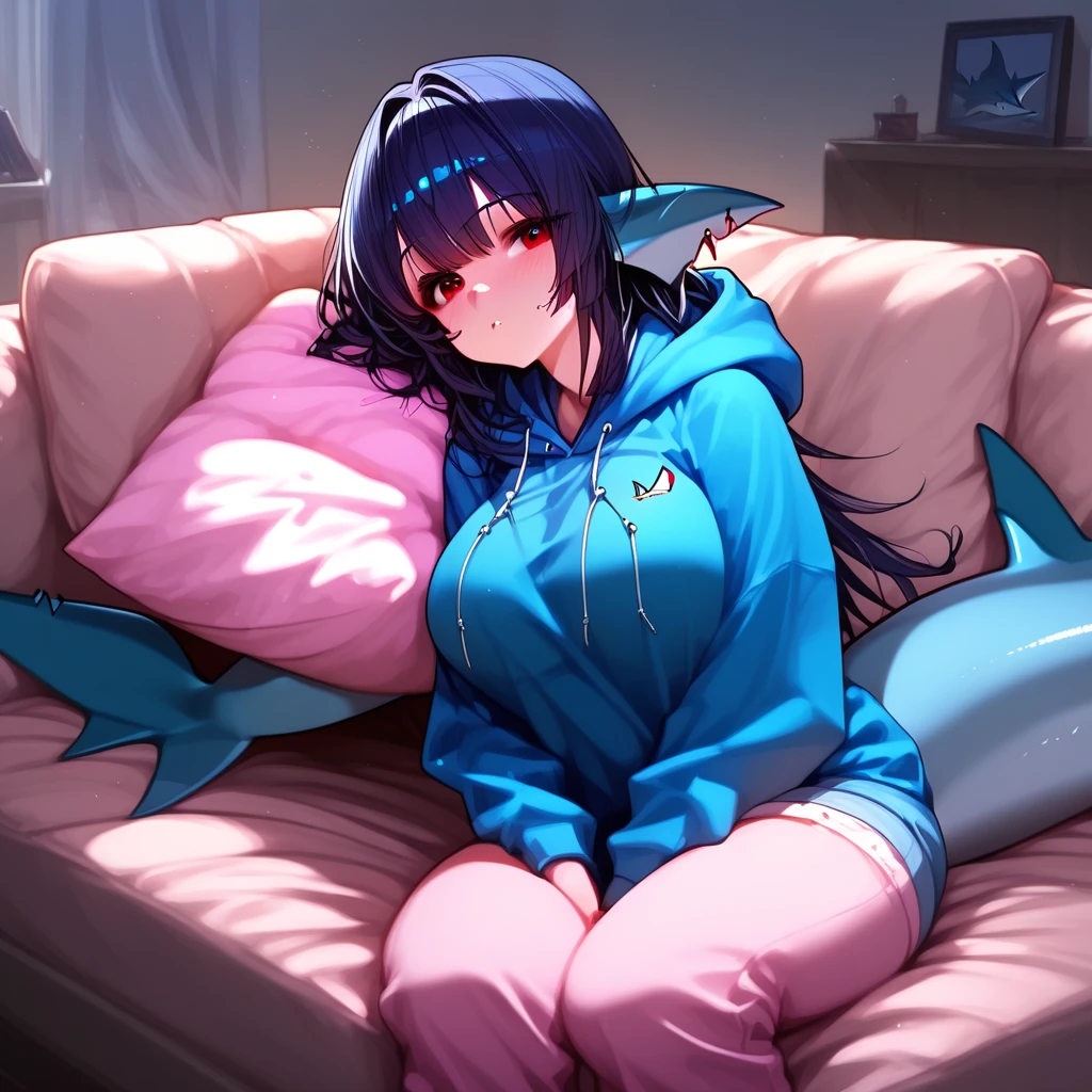 1girl, navel, blue hoodie, pillow, hood, fish tail, large breasts, Shark girl, fish ears, breasts, tail, hoodie, long hair, blush, short hair