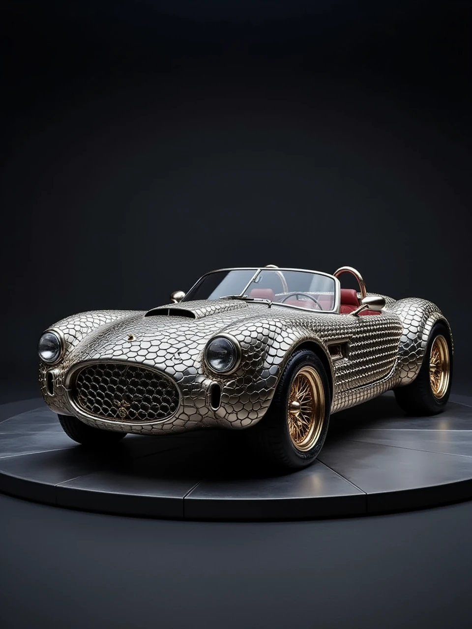 This is a surrealistic art photography photo of a magical car with a metallic snake texture exterior, this car is displayed on a stand and it looks very noble and special.
snake.