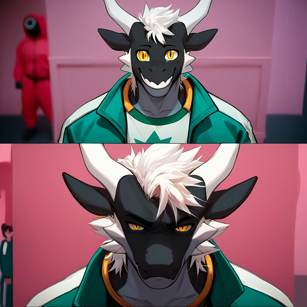 score_9, score_8, mikus-concept, smiling expression, BREAK, serious expression, BREAK, comparison, pink background, partially shaded face, green jacket, upper body, blurry background, comic, looking at viewer, meme, furry, furry male, 1boy, dragon, white hair, white horns, black fur, yellow eyes