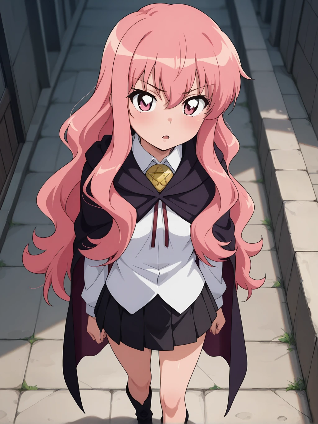 very aesthetic, high resolution, ultra-detailed, absurdres, newest, scenery, medium depth of field, rule of thirds, masterpiece-level, clean lines, sharp, focused subject, minimalistic composition, masterpiece, amazing quality, best quality, anime screencap, detailed face, detailed eyes, detailed outfit, face focus, 1girl, solo, Louise-Liver020, black cape. black long cape, pink hair, long hair, pink eyes, small breasts, white shirt, collar, gold collar, black skirt, mini skirt, black boots, long boots, louise francoise le blanc de la valliere, hair between eyes, red ribbon, red ribbon, gold collar, pentagram collar
