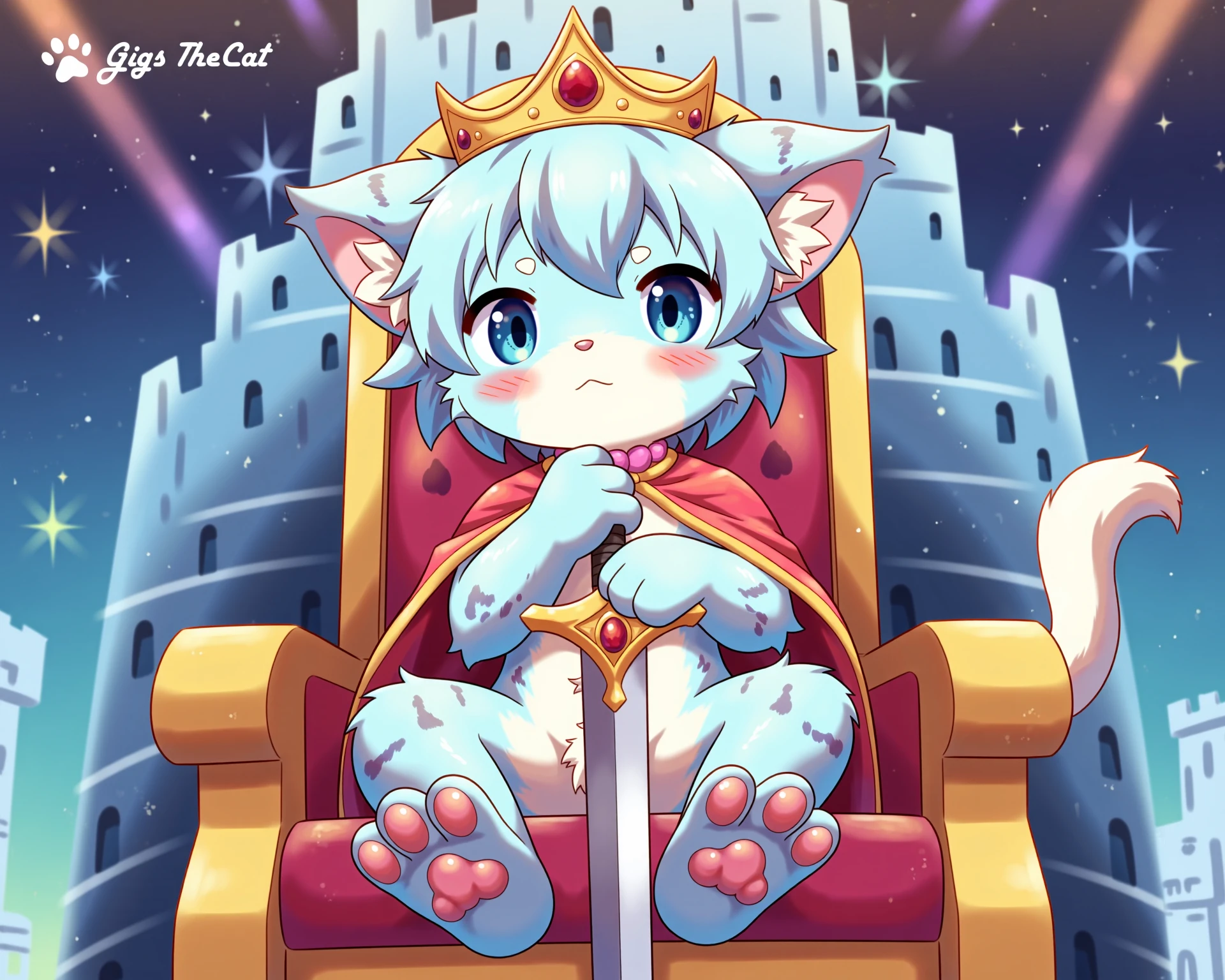 a high quality anime screenshot, a low angle view of a qzr furry toddler with short blue hair, iridescent blue eyes, feetpaws, sitting on a throne above the viewer in an otherworldly celestial castle, view from below, blushing shy face, fancy castle background, intricate details, pink cat collar, lens flare, blue fur with complex patterns, watermark with the text "GigsTheCat" in fancy cursive handwriting in the corner, vivid, 4k high definition, sparkles, pastel colors, wearing a fancy golden crown, holding a long royal sword with a red jewel at the end, aurora, soft outlines, fluffy, pawpad, red cape