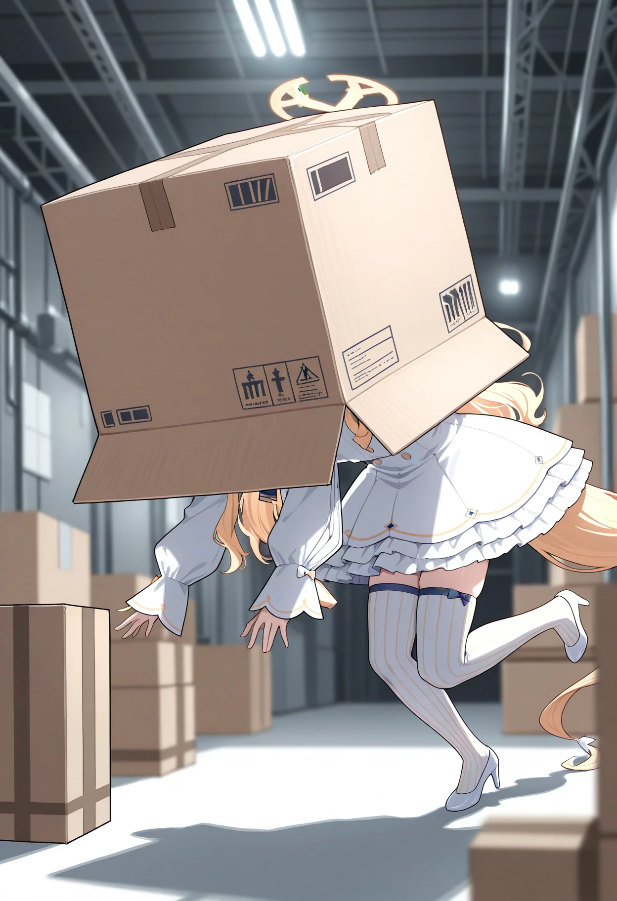 1girl,solo,seia \(blue archive\),(halo:1.2),blonde hair,fox tail,ribbon,high heels,
white dress,long sleeves,(sleeves_past_fingers:1.2),white thighhighs,striped thighhighs,
cardboard box,snake box sneak,covered face,box,
running,
indoors,ceiling light,blurry,duct,cable,factory,
<lora:99coins_snake_box_sneak_IL_05:0.95>,
(masterpiece,best quality,very aesthetic,absurdres,newest),