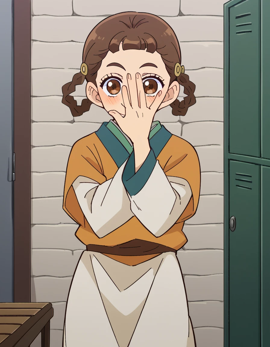 score_9, score_8_up, score_7_up, source_anime, <lora:kusuriya-xiaolan-s1-ponyxl-lora-nochekaiser:1>, xiaolan, bangs, brown hair, hair ornament, brown eyes, braid, hair rings,, japanese clothes, robe, orange robe, long sleeves, skirt, white skirt,, changing room, lockers, benches, clothes, privacy, smile, <lora:jonathan-joestar-pose-ponyxl-lora-nochekaiser:1>, jonathan joestar pose, jonathan joestar's pose (jojo), jojo pose, covering face, blush, smile, bed room,, looking at viewer, solo,, cowboy shot, solo