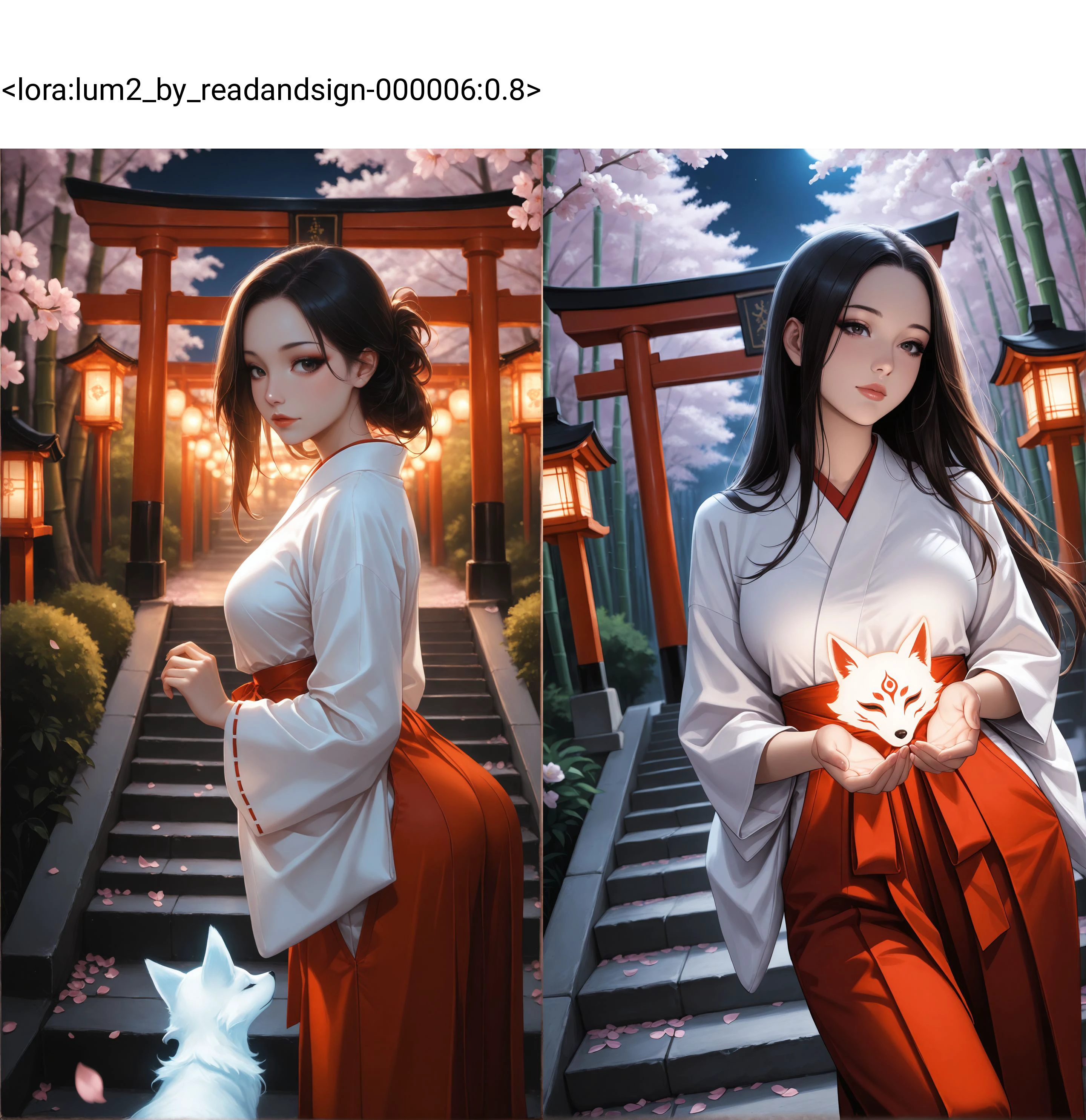 candl3, ,  HDR, 8K,masterpiece, best quality, amazing quality, very aesthetic, high contrast, depth of field, focused subject, elegant face,dynamic angle, dynamic pose, best quality, detailed eyes, perfect eyes, realistic eyes,,perfect body,1girl, solo,seduction,sexy, 19 years old, (black eyeliner),((full lips)), (mascara), makeup,realistic breast,detailed ass,1girl, stairs, japanese clothes, nature, torii, miko, bamboo forest, skirt, hakama, black hair, hakama skirt, red hakama, fox, tree, long hair, solo, plant, flower, lantern, night, glowing lanterns, cherry blossoms, sakura petals, moonlight, mystical atmosphere, traditional shrine, flowing hair, serene expression, ancient tree, detailed background, soft lighting, cinematic lighting, subtle mist, glowing highlights, cultural authenticity, vibrant colors, aesthetic composition, harmonious palette, magical realism, depth of field, fox spirit, shrine steps, peaceful setting, delicate flowers, ornate hakama, traditional architecture, intricate details, ethereal beauty, high resolution photo background, realistic background, masterpiece, best quality, ,highly detailed, 8k, dynamic angle, intricate details, foreshortening, scenery,masterpiece,best quality,absurdres,incredibly absurdres, newest 
<lora:lum2_by_readandsign-000006:0.8>