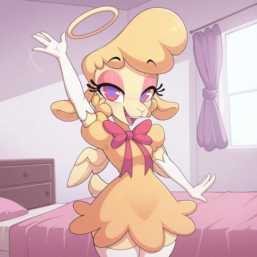 masterpiece, best quality, amazing quality, perfect composition, absurdres, highres, very aesthetic, newest, huge filesize, shaded, indoors, bedroom,
cowboy shot, front view, looking at viewer, waving arm, arm up, narrowed eyes, happy,
<lora:KeenieIL:1>, K33nie, furry female, anthro sheep, multicolored eyes, snout, blonde hair, short hair, big hair, halo, wings, petite, neck ribbon, red bowtie, puffy sleeves, yellow dress, multicolored dress, white elbow gloves, white thighhighs,