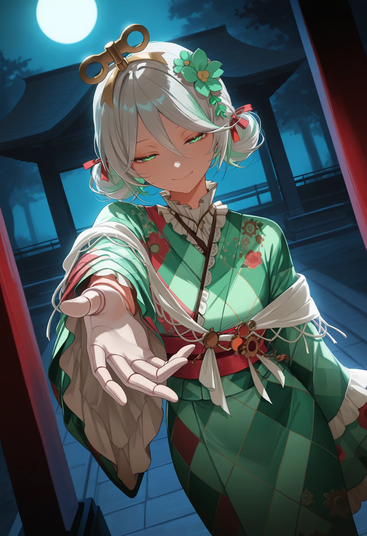 masterpiece, best quality, 1girl, solo, Cec1l1aNwYrs, green eyes, winding key hair ornament, doll joints, grey hair, streaked hair, short hair, double bun, hair flower, hair ribbon, red ribbon, multicolored kimono, frilled collar, print kimono, frills, white shawl, checkered kimono, green kimono, red sash, white gloves, see-through gloves, long kimono, outdoors, shrine, night, moonlight, dutch angle, dark theme, high contrast, reaching towards viewer, foreshortening, smile, half-closed eyes, head tilt, <lora:ChamCeciliaImmergreenV2IllustriousXL:1>