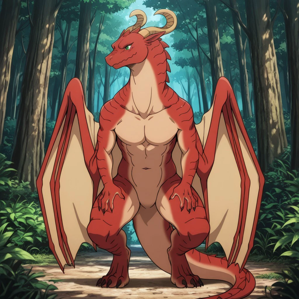 ultra-detailed, masterpiece, masterwork, high quality, best quality, hdr, (nature, japanese style), nsfw, male, solo, dragon, ((nude, foreskin, perfect balls)), (little red body dragon), (white body), (long golden hair, yellow eyes), sitting, dynamic angle,