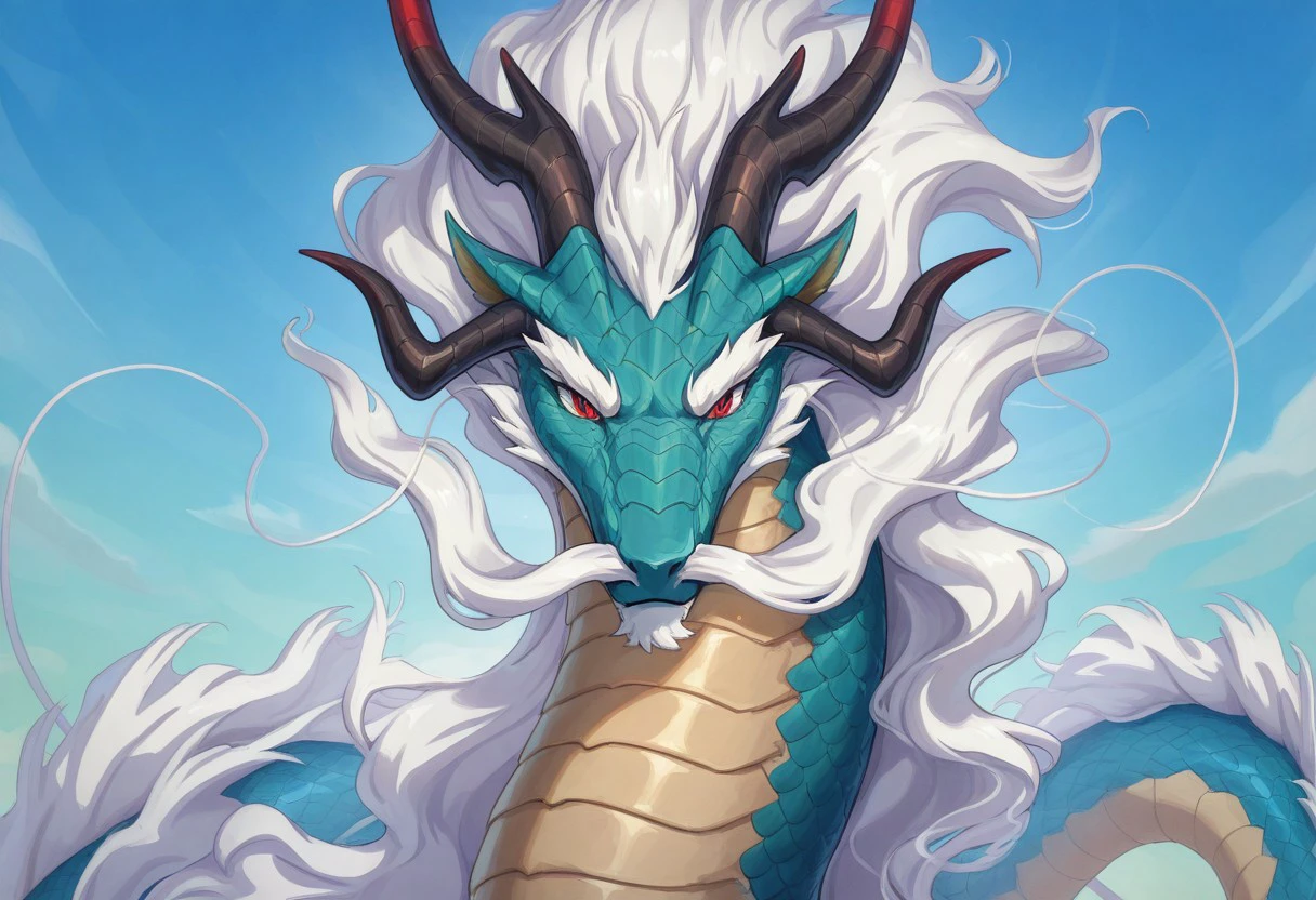 masterpiece, best quality, newest, absurdres, highres, anime, anime style, Lung-Easter-Dragon-IL-V1.0, Dragon, Eastern Dragon, green scales, red eyes, horns, dragon horns, multiple horns,