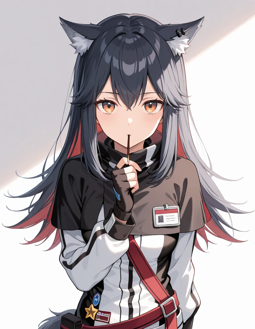 Volumetric Lighting, (masterpiece), (best quality), (ultra-detailed), illustration, disheveled hair, detailed eyes, perfect composition, moist skin, intricate details, very good lighting BREAK, light depth, dramatic atmospheric lighting, Volumetric Lighting, Texas, long hair, black hair, wolf ear,s wolf tail, orange eyes BREAK, basetexas, base gloves,fingerless gloves, base capelet, base jacket, base id card,red belt, red hair, colored inner hair,shoes BREAK, ((white background)),standing, upper body,mouth hold, pocky,looking at viewer,hand up, upper body
