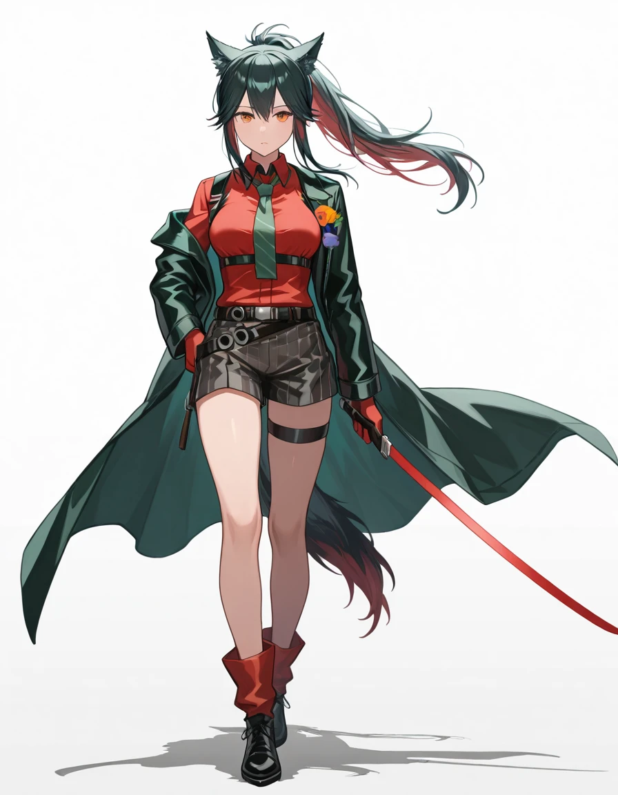 Volumetric Lighting, (masterpiece), (best quality), (ultra-detailed), illustration, disheveled hair, detailed eyes, perfect composition, moist skin, intricate details, very good lighting BREAK, light depth, dramatic atmospheric lighting, Volumetric Lighting, Texas, long hair, black hair, wolf ear,s wolf tail, orange eyes BREAK, willpower, WP gloves, WP shirt,long sleeves shirt, WP necktie, WP shorts, WP coat, WP belt,open coat, striped shorts, red hair, colored inner hair BREAK, ((white background)), looking at viewer, full body, holding sword, standing