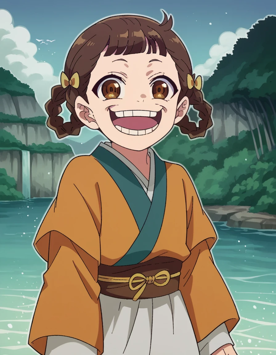 score_9, score_8_up, score_7_up, source_anime, <lora:kusuriya-xiaolan-s1-ponyxl-lora-nochekaiser:1>, xiaolan, bangs, brown hair, hair ornament, brown eyes, braid, hair rings,, japanese clothes, robe, orange robe, long sleeves, skirt, white skirt,, island, water, tropical, trees, isolation, smile, <lora:strawhat-huh-face-ponyxl-lora-nochekaiser:1> strawhat huh face, strawhat huh face, open mouth, teeth,, looking at viewer, solo,, cowboy shot, solo