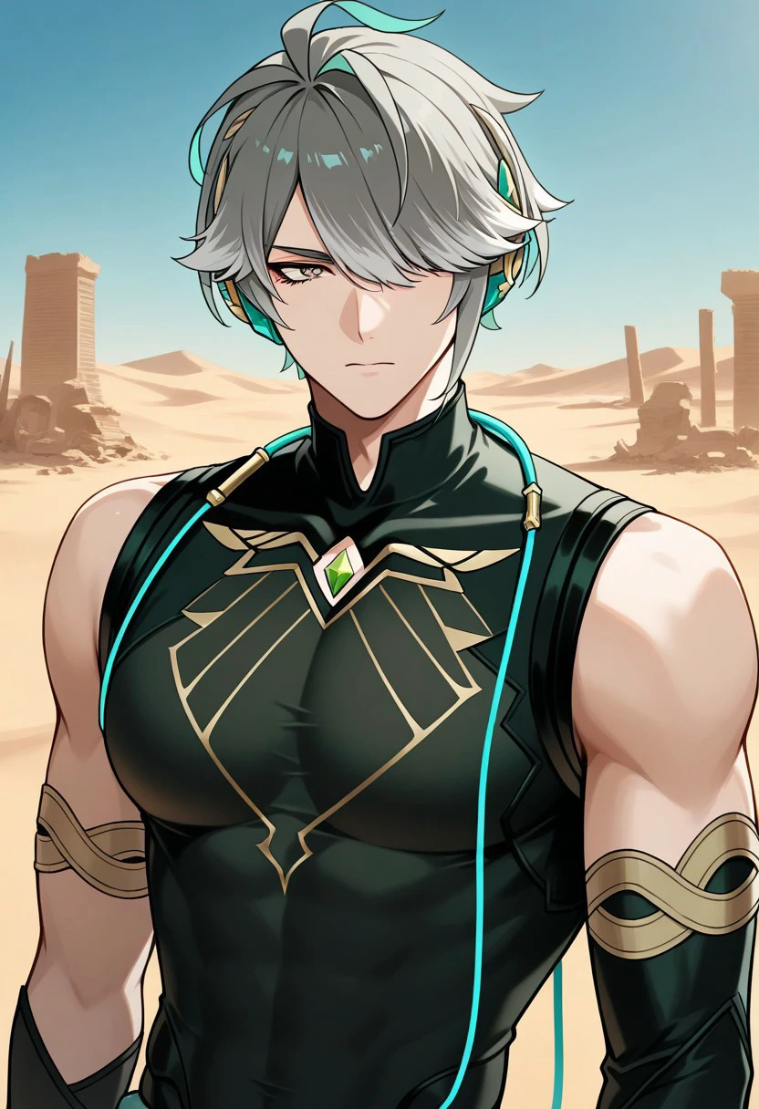 masterpiece, best quality,
Alhaitham, 1boy, male focus, solo, green eyes, grey hair, streaked hair, short hair, ahoge, swept bangs, hair over one eye, headphones, shirt, black shirt, sleeveless shirt, compression shirt,
outdoor, desert, ruins,