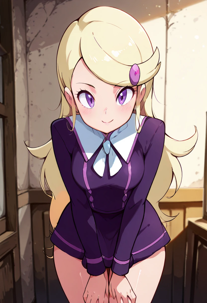 masterpiece, best quality, solo, curvy, beautiful eyes, zzAceXY, purple eyes, blonde hair, long hair, swept bangs, hair ornament, hairclip, long sleeves, purple skirt, purple shirt, , <lora:AceTrainerPokemonXY_IXL:1.0>,, cowboy shot, leaning forward, smile, looking at viewer, shiny skin,<lora:DiivesIXL:1.0>,