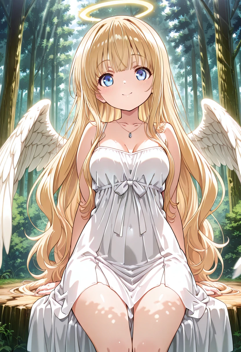 masterpiece, best quality, medium breasts, (curvy), BREAK, 1girl, solo, blonde hair, wavy hair, angel, angel wings, halo, smile, sitting, forest, white dress,smile, looking at viewer, cowboy shot, <lora:Style56_IXL:1.0>,
