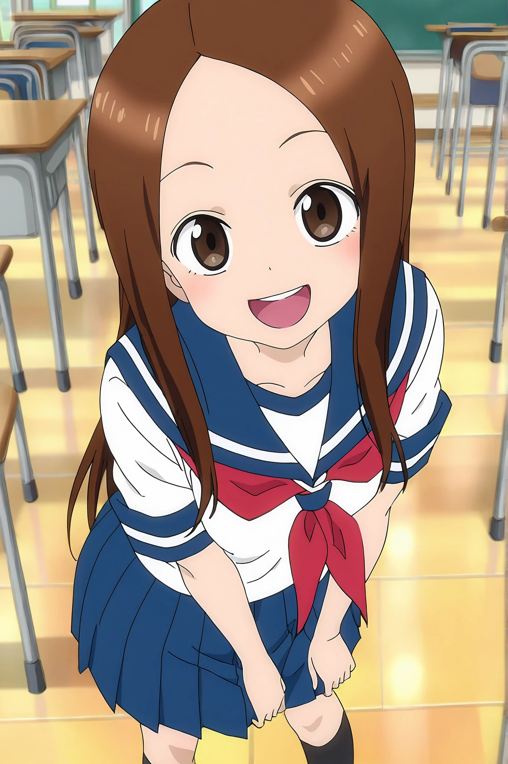score_9,score_8_up,source_anime,rating safe,solo,1girl,takagi-san,karakai jouzu no takagi-san,school uniform,brown hair, brown eyes, skirt, blue skirt, serafuku, red neckrchief, short sleeves, blue sailor collar,small breasts,long hair,anime_screencap,black socks,smile,standing,looking at viewer,happy,classroom,open mouth