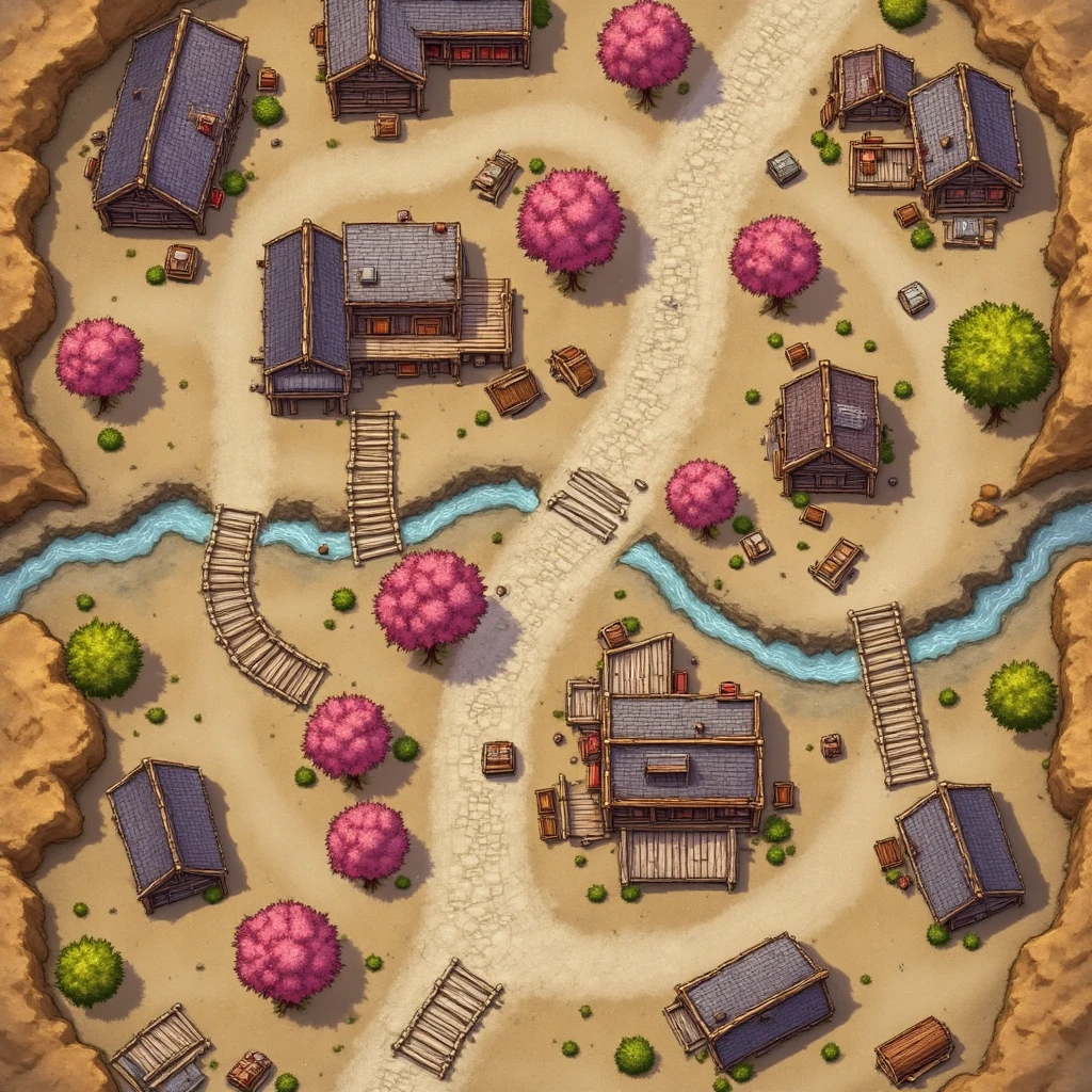 Top-down view of a vibrant, stylized medieval Japanese village, reminiscent of a hand-drawn map for a tabletop role-playing game. The village is nestled in a hilly, sandy landscape with a meandering light-blue river flowing through it, crossed by small wooden bridges. The architecture features wooden buildings with dark roofs and light walls, some with red accents. Lush, stylized cherry blossom trees with bright pink and red foliage dot the landscape, along with various green bushes and smaller trees. The ground is a light brown sandy surface with faint outlines of stone tiles or paving blocks defining the paths. Small details such as barrels, wooden carts, and other small items are scattered around the village. Shadows are cast by the buildings and trees, indicating a bright light source overhead. The overall style is illustrative, with bold lines and bright, contrasting colors that evoke a sense of fantasy and adventure. The perspective is isometric, emphasizing the village layout and the various details. The color scheme is primarily composed of warm, earthy tones, with vivid pops of red and pink from the cherry blossoms, and the cool blue of the river.