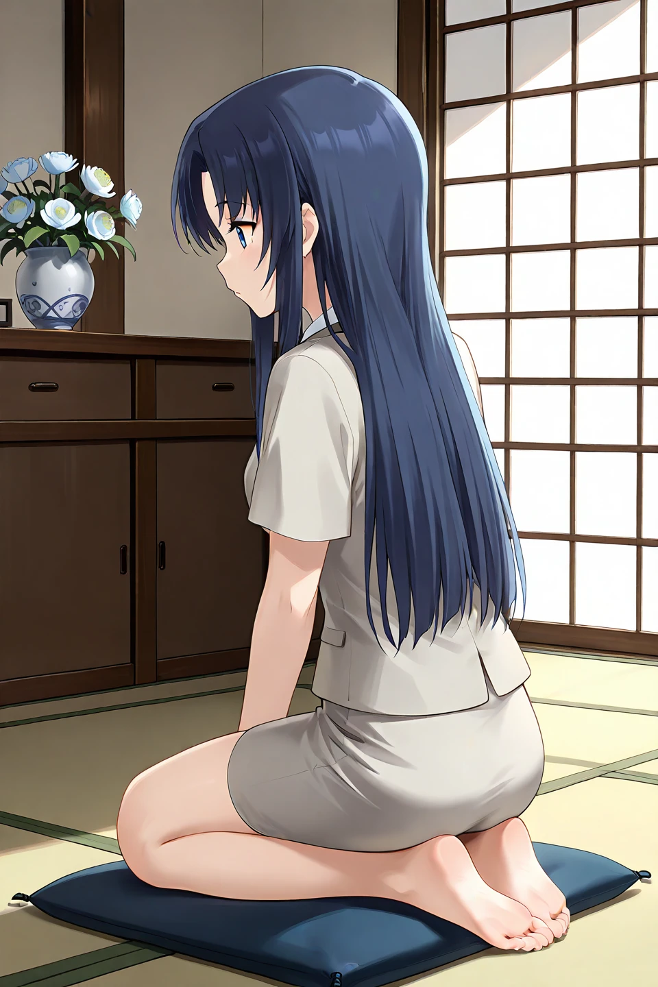 A Japanese cafe worker woman with long beautiful hair