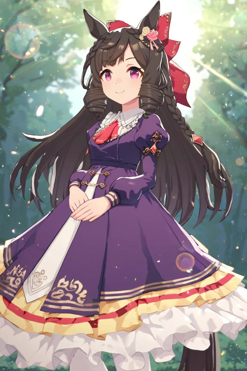 score_9, score_8_up, score_7_up, masterpiece,best quality, newest,
daiichi ruby \(umamusume\), 1girl, horse ears, full body, looking at viewer, red ascot, mary janes, white pantyhose, standing, multicolored dress, smile, own hands together, horse tail, closed mouth, juliet sleeves, ear ornament, red hair ribbon, white petticoat,
open mouth, big smile,cowboy shot,
light rays,lens flare,light particles,dynamic pose, dynamic angle,
<lora:pony_daiichi_ruby_v1.01:0.75>