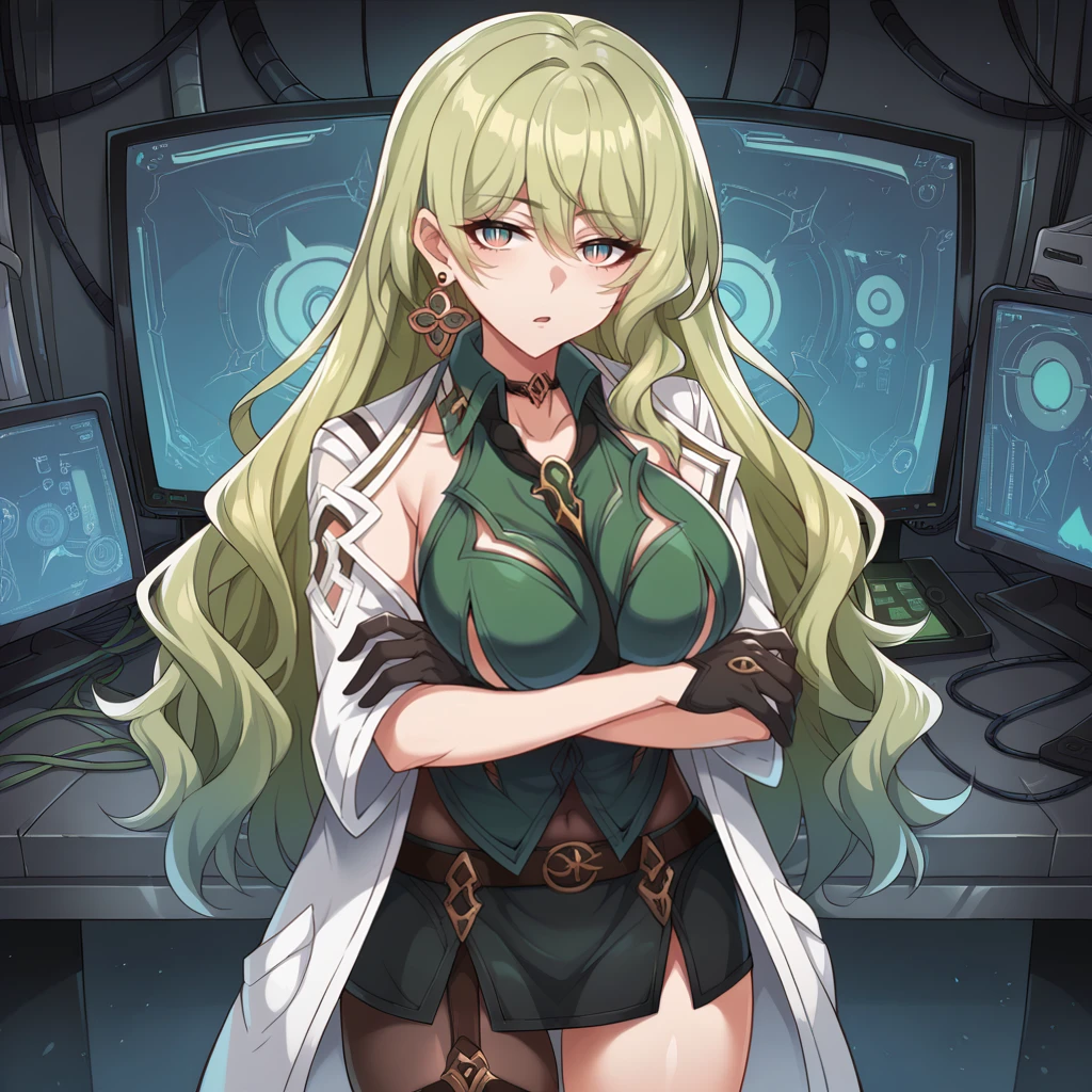 score_9_up, score_8_up, score_7_up, source_anime, 1girl, solo, futuristic background, facility, laboratory, vials, computer, metallic walls, wires, loose wires, shelves, monitor, indoors, standing, arm under breasts, bored curious, raised eyebrow, looking at viewer, cowboy shot, raised hand, open mouth,
Mobius, Mb_Stg, green hair, wavy hair, gradient eyes, slit pupils, black loose necktie, single earring, sleeveless shirt, dark green shirt, cleavage, pendant choker, covered navel, black bodystocking, black skirt, miniskirt, half glove, black glove, white coat, collared coat, long sleeves, white sleeves, single thighhigh, black thighhighs, single leg pantyhose, black pantyhose, green belt strap, brown belt, underbust, mature body,