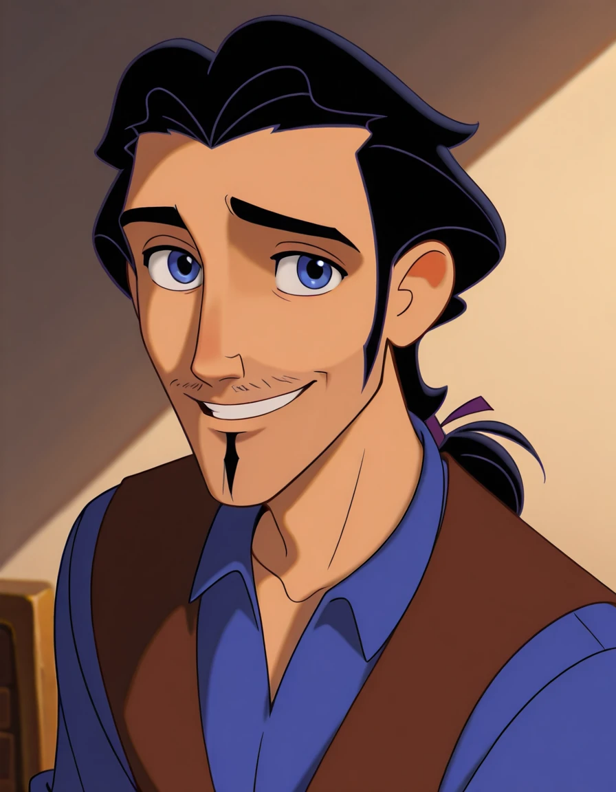 <lora:ChelIllustrious1.0JLFO-000005:1.0>,1boy, black hair,short hair, blue shirt, vest, looking at viewer, smile, facial hair, blue eyes,