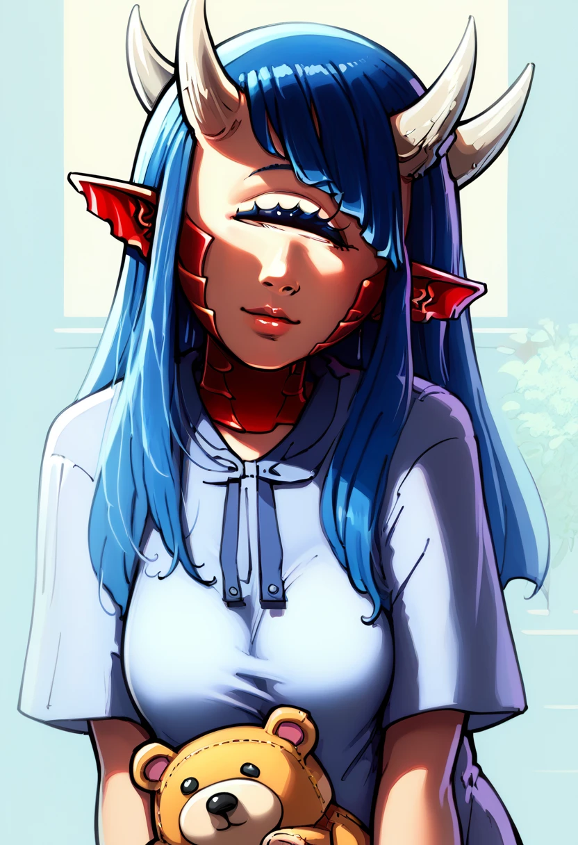 1girl, woman, Caco-chan, solo, horns, napping, closed eyes, cyclops, ears, cozy bedroom, blue hair, looking at viewer, plush pajama, middle breasts, <lora:Caco-chanPonyV6:1>, <lora:GTA_SA_Style_PonyV1:1> gta_sa_style, score_9, score_8_up, score_7_up,