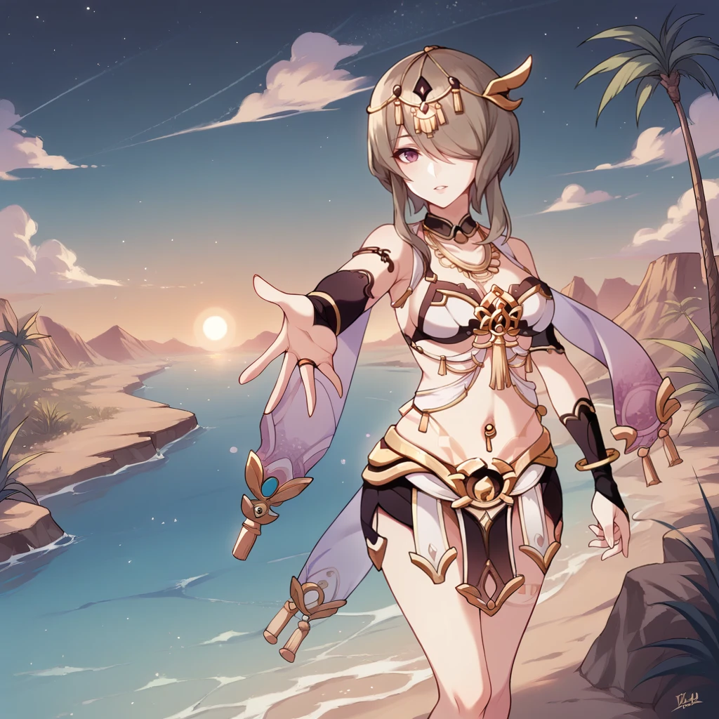score_9_up, score_8_up, score_7_up, source_anime, 1girl, solo, detailed background, day, sun, sky, clouds,
starry sky, desert, oasis, lotuses, pink lotus, shadow, from above, partially submerged in water, looking at viewer, parted lips, relaxed, reaching towards viewer, raised hand, rita rossweisse, brown hair, short hair with long locks, purple eyes, hair over one eye, Rita, Ri_Egp, short hair with long locks, circlet, alternate necklace, microskirt, egyptian clothes, navel piercing, black bridal gauntlets, armlet, gold bracelet, black collar, white bikini, dancer outfit, alt jewelry