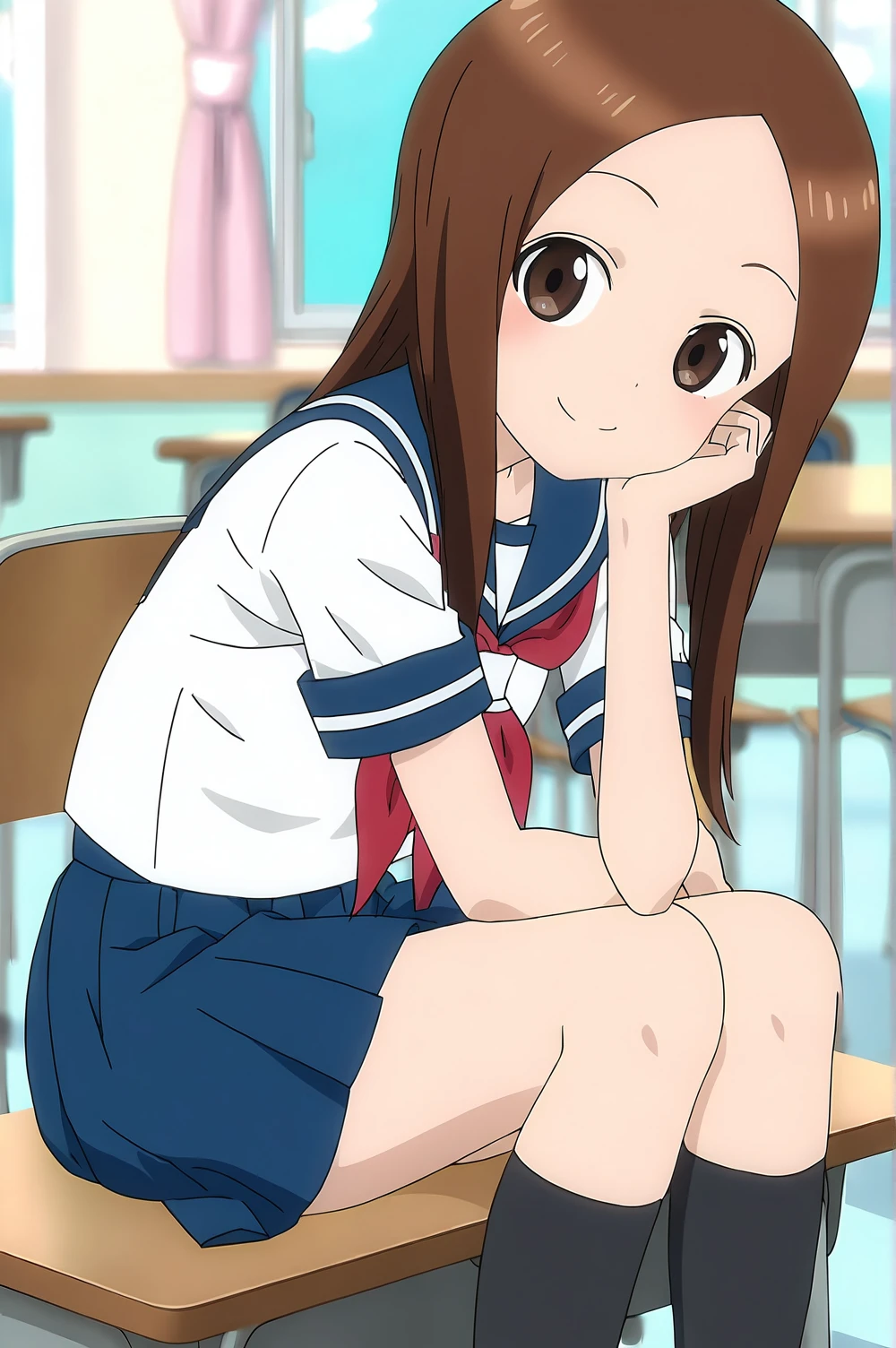 score_9,score_8_up,source_anime,rating safe,solo,1girl,takagi-san,karakai jouzu no takagi-san,school uniform,brown hair, brown eyes, skirt, blue skirt, serafuku, red neckrchief, short sleeves, blue sailor collar,small breasts,long hair,anime_screencap,black socks,smile,looking at viewer,happy,classroom,sitting,desk