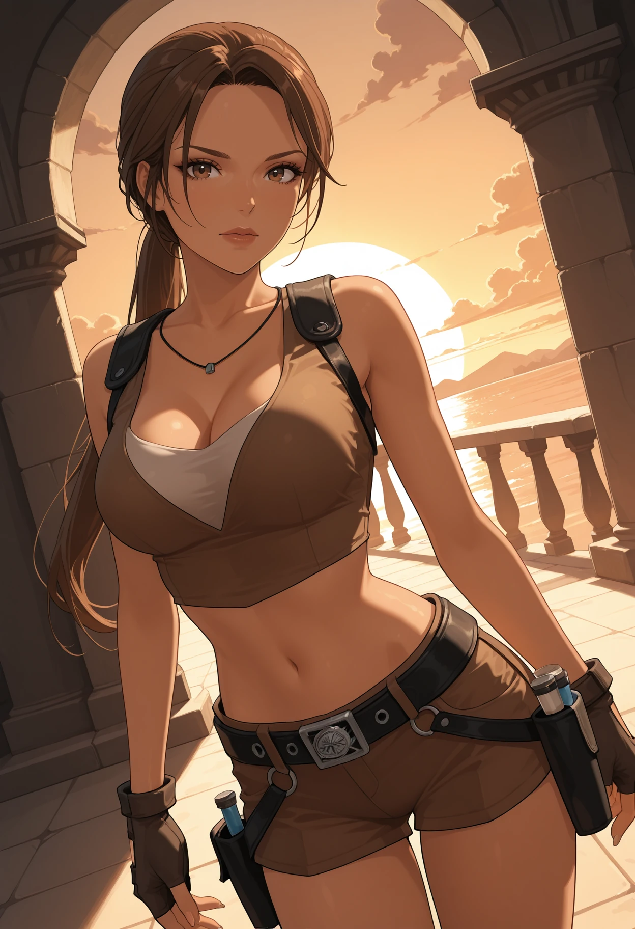 score_9, score_8_up, score_7_up, score_6_up, score_5_up, masterpiece, best quality, high detail, volumetric lighting, dark, shadow, <lora:NM_lara_trl_ill:1>, BREAK NM_lara_trl,1girl, solo, brown hair, ponytail, long hair, brown eyes, lips, breasts, large breasts,midriff, navel, crop top, cleavage, shorts, gloves, fingerless gloves, belt, holster, sunset, egypt background, looking at viewer, dutch angle