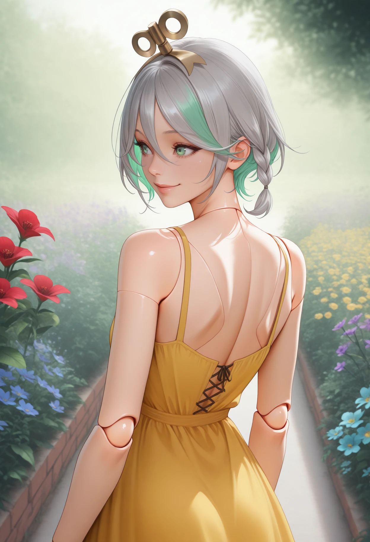 masterpiece, best quality, 1girl, solo, realistic, Cec1l1a, green eyes, winding key hair ornament, doll joints, grey hair, colored inner hair, streaked hair, short hair, side braid, from behind, outdoors, garden, flower, red flower, blue flower, purple flower, yellow flower, looking back, yellow sundress, shoulder blades, sleeveless, smile, <lora:ChamCeciliaImmergreenV2IllustriousXL:1>