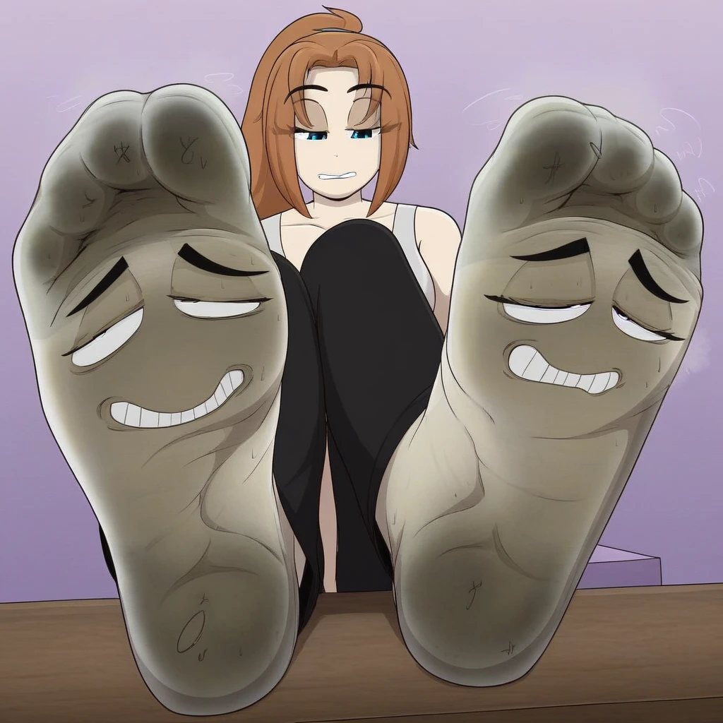chara, dark brown hair, feet, soles, glowing red eyes, green shirt, brown pants, pink cheeks, evil smile, creepy smile, hd, highres