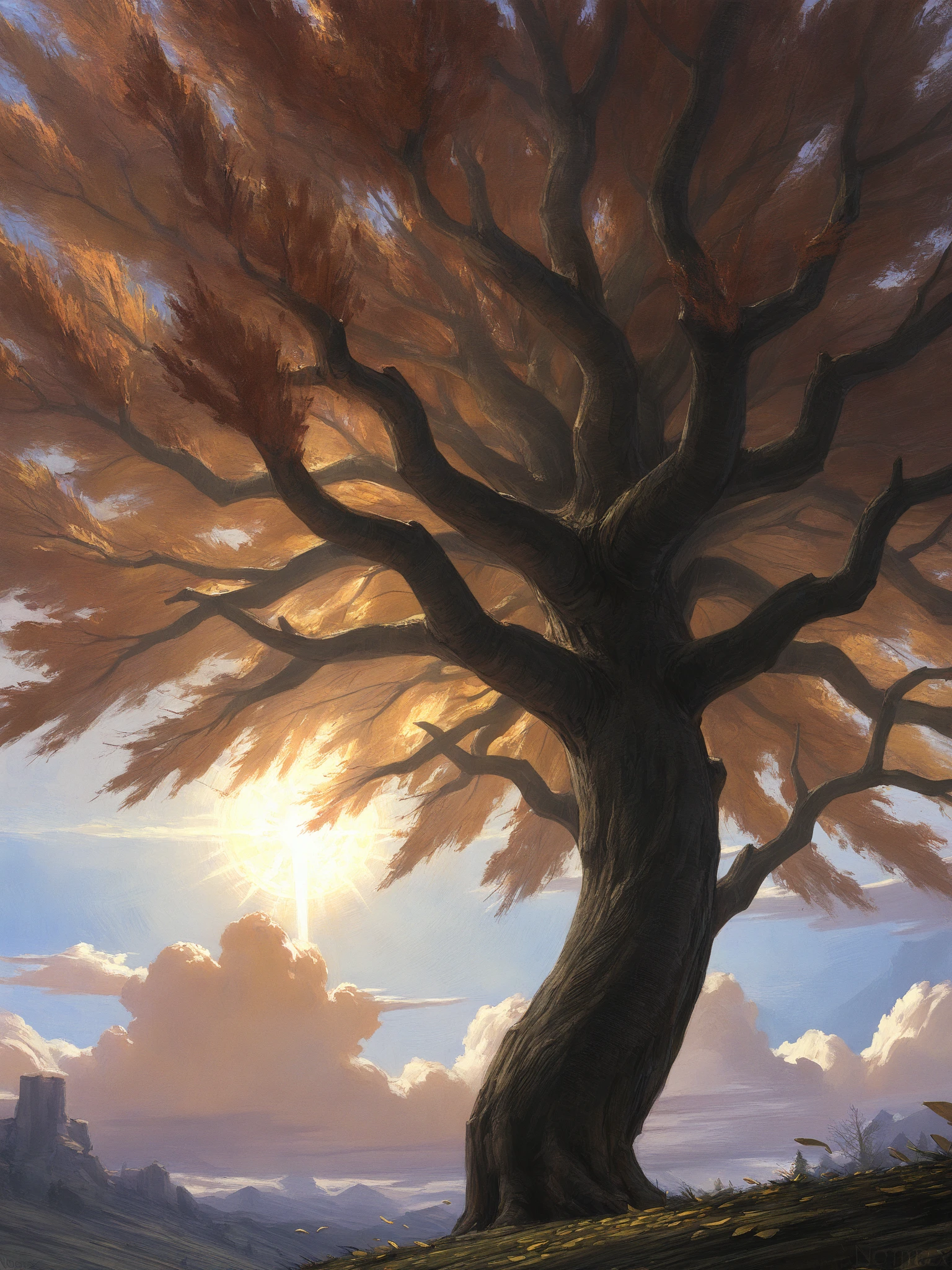 (masterpiece, best quality, very aesthetic, absurdres, artist:nomax) ( white background, oil painting \(medium\), painterly, )
zero pictured, no humans, landscape, tree, sun, cloud, erdtree \(elden ring\), falling leaves, glowing <lora:Nomax Style Ill V2:1>