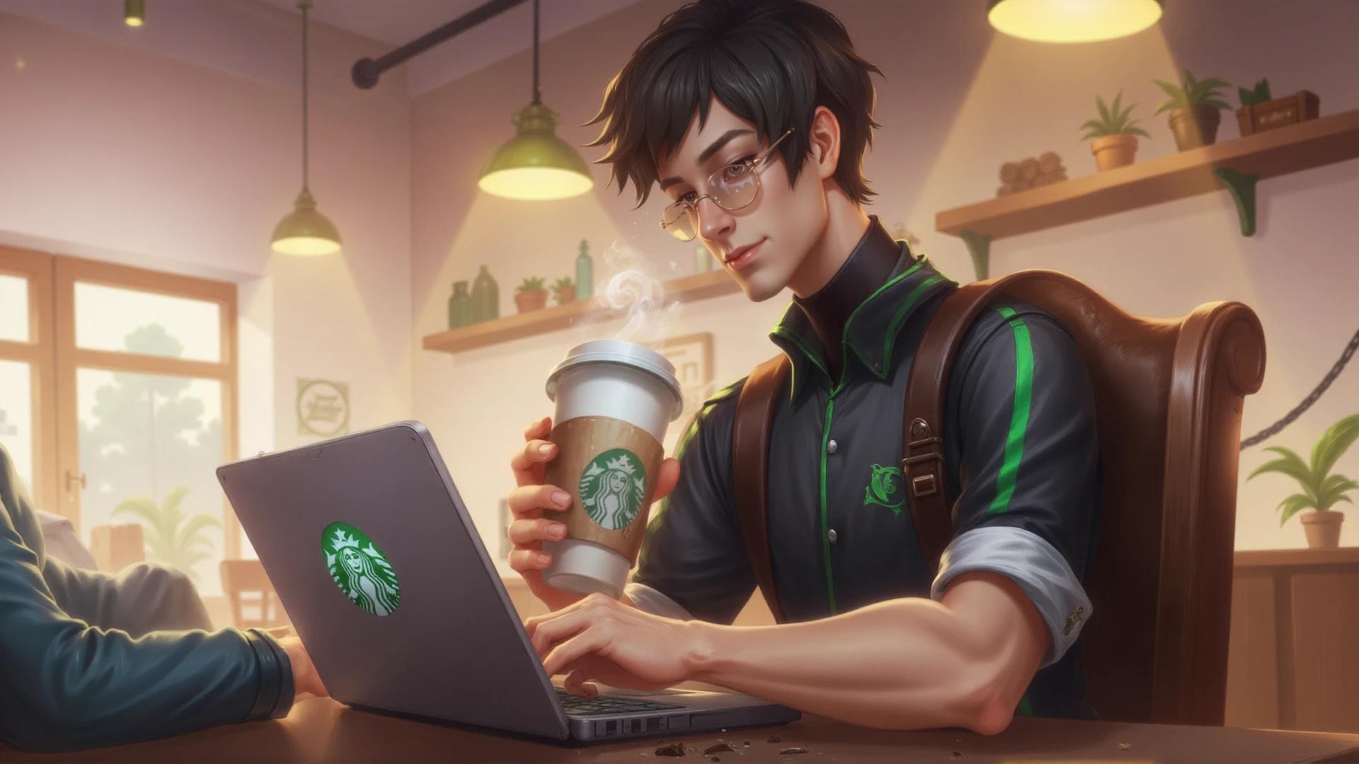 <lora:League of legends Artwork Style:0.9> league legends artwork, style. a man working on a laptop with a starbucks coffee in a starbucks.