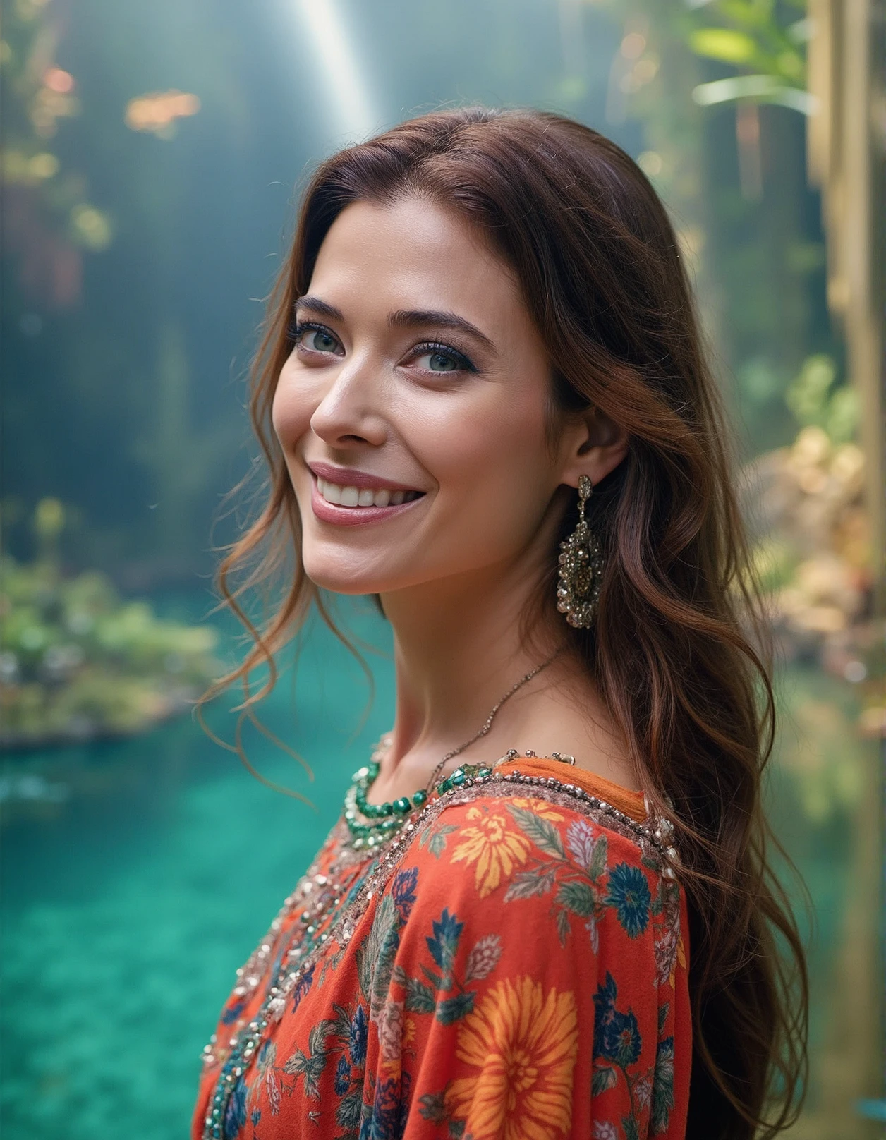 Breathtaking photography of ohwx, , Aquarium tunnel,A tranquil pond is surrounded by vibrant green foliage,Double rainbow arcing across the sky,soft lighting, dressed in a vibrant kaftan dress with a beaded neckline and statement earrings,full body shot, smile, (upper body framing:1.3), sensual lips, eyelashes, fine hair detail, perfect eyes, iris pattern, eyes makeup, (perfectly sharp:1.3), (head to shoulders composition:1.4), realistic textures, (deep focus:1.1), negative space around subject, 8k uhd, dslr, ultra high quality image, film grain, Fujifilm XT3