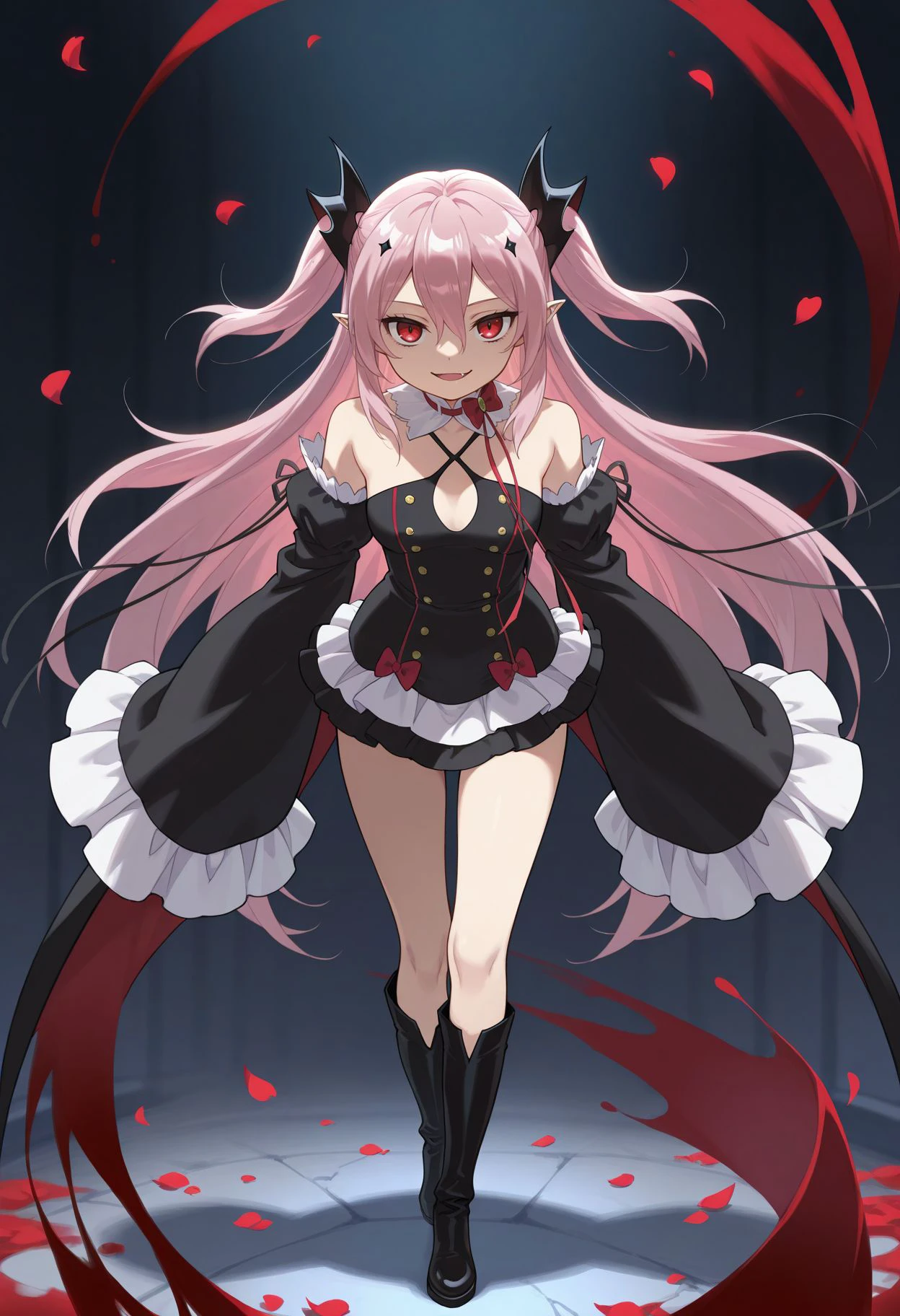 masterpiece, high score, great score, absurdres , looking at viewer,
<lora:Krul Tepes Illu :1> Kkrul, 1girl, petals, vampire, red eyes, knee boots, pink hair, black dress, standing, black footwear, detached sleeves, full body, two side up, hair between eyes, open mouth, blood,, sleeves past wrists, smile, sleeves past fingers, looking at viewer, short dress, bare shoulders, fang, pointy ears, red bow, ribbon, hair ornament, breasts, long sleeves